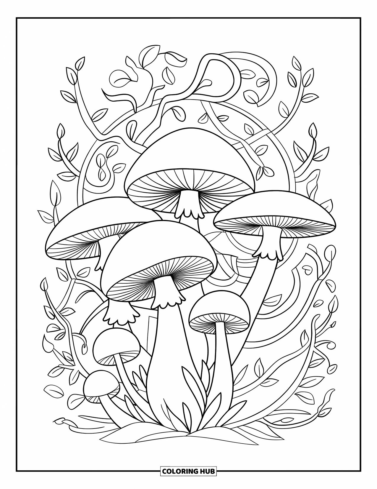 Desen de colorat cu ciuperci pentru copii: Ciuperci cu liane și frunze într-un contur clar