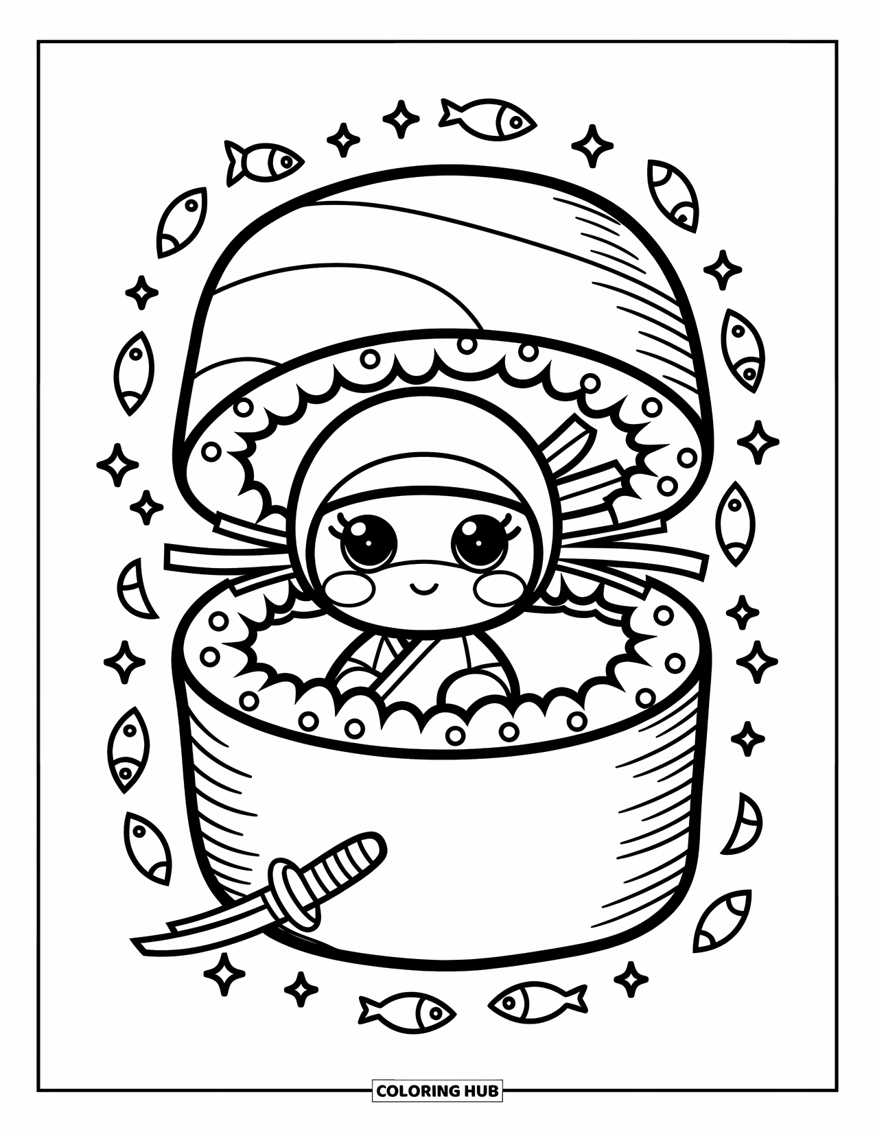 Ninja Coloring Page for Adults: A chibi ninja peeks out from a giant sushi roll, gripping its edge with tiny hands