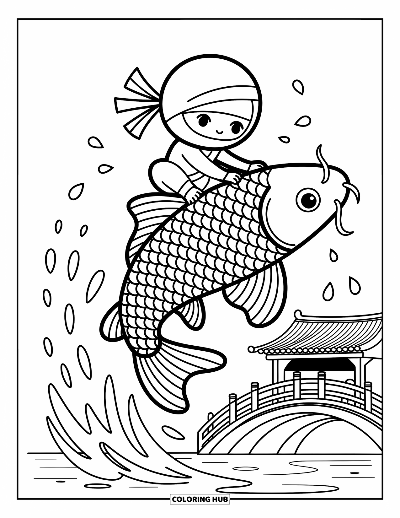 Ninja Coloring Page for Adults: A chibi ninja rides a giant koi fish as it leaps gracefully from the water