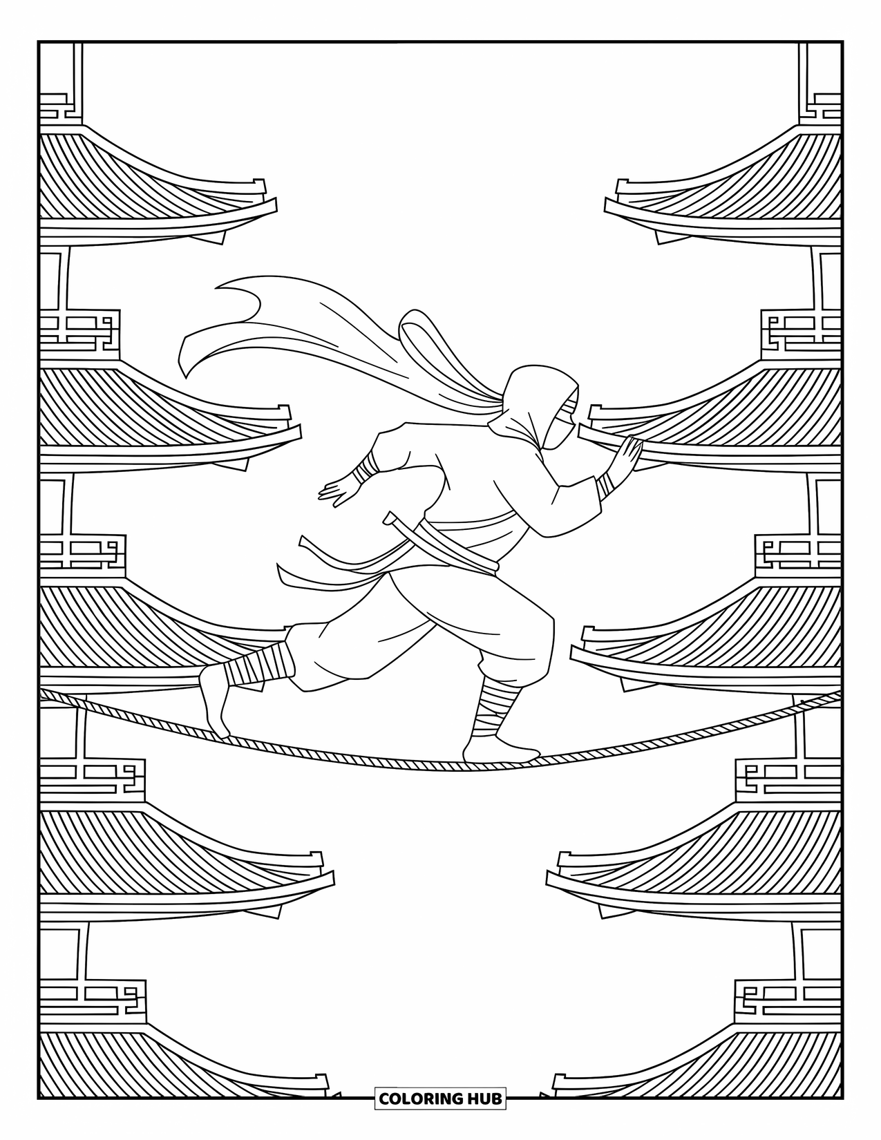 Ninja Coloring Page for Adults: A cloaked ninja dashes across a tightrope between pagodas, their robe billowing in the wind