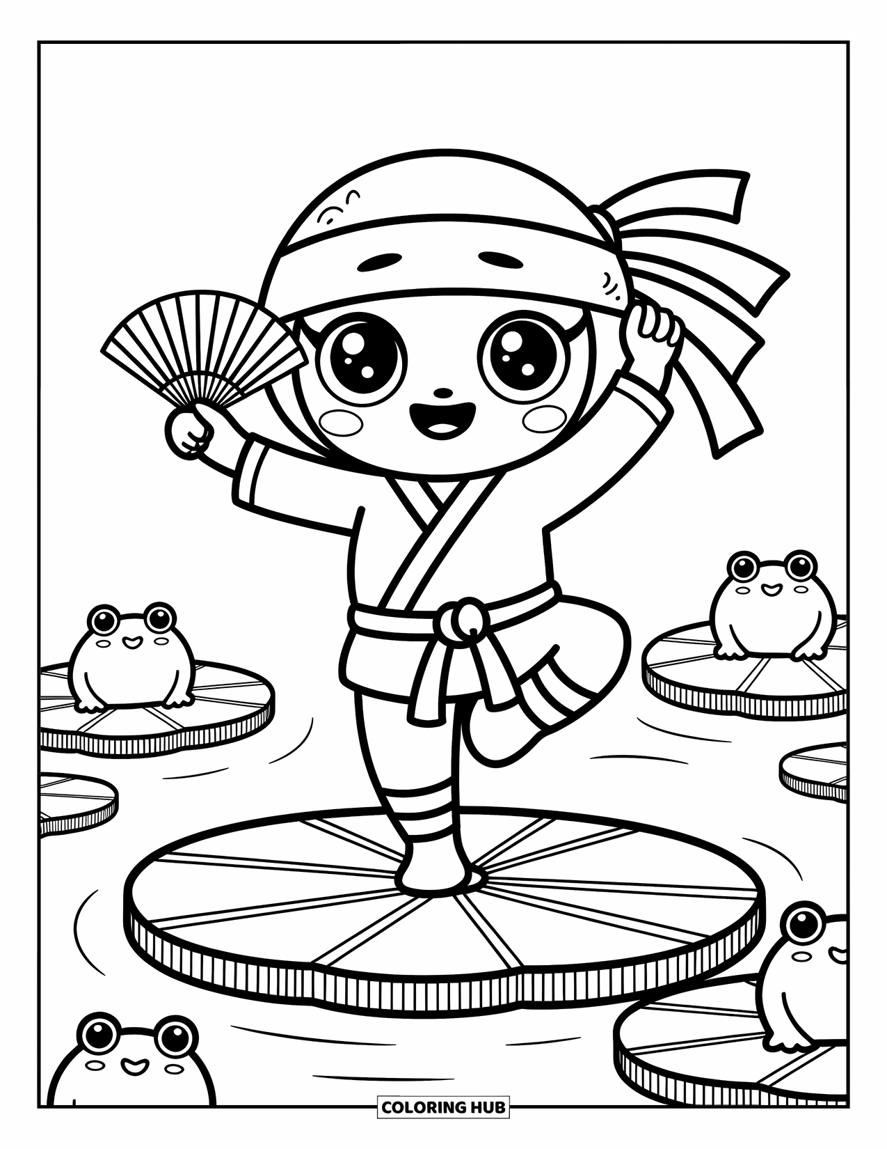 Ninja Coloring Page for Adults: A kawaii ninja stands on a lily pad, surrounded by playful frogs hopping nearby