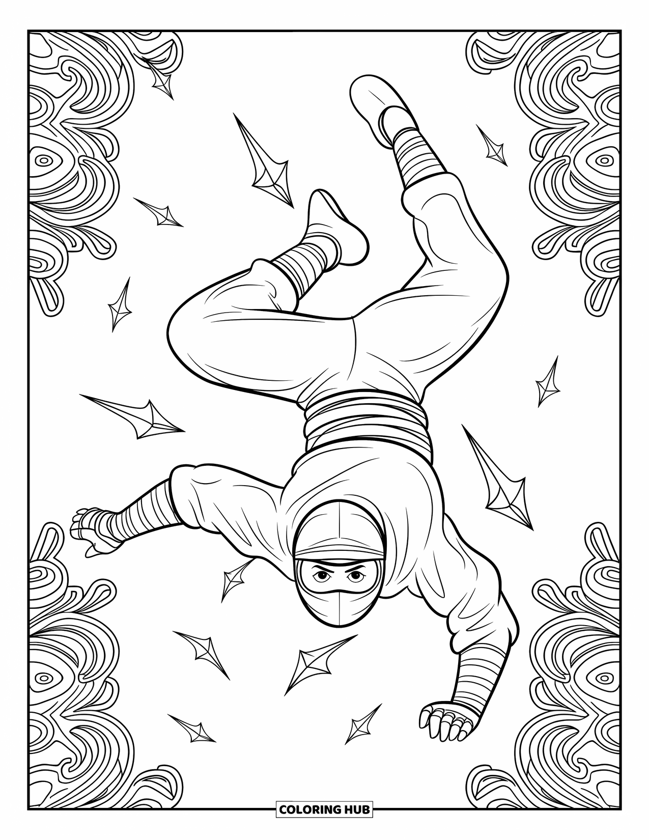 Ninja Coloring Page for Adults: A masked ninja flips mid-air, surrounded by throwing stars in a dynamic, acrobatic motion