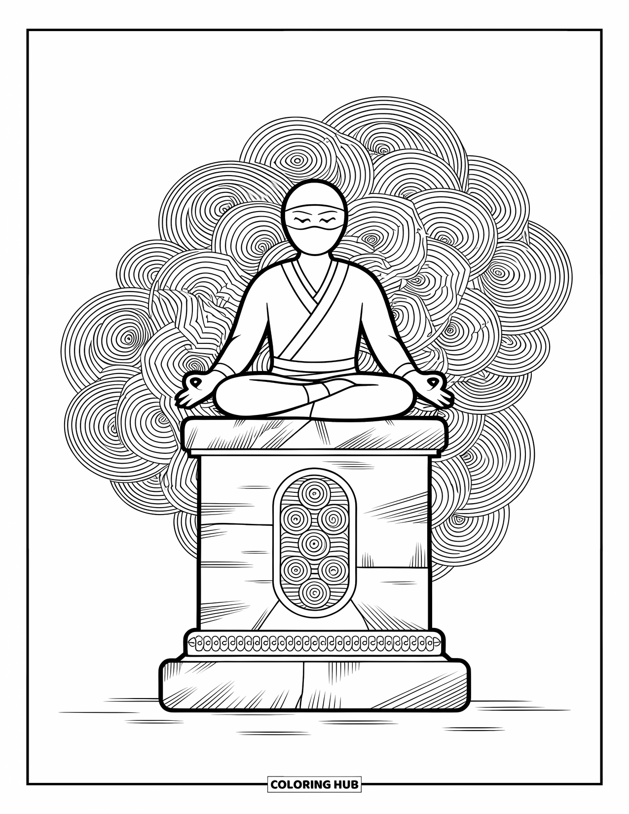Ninja Coloring Page for Adults: A meditative ninja sits in a lotus position atop an ancient stone pillar with intricate carvings