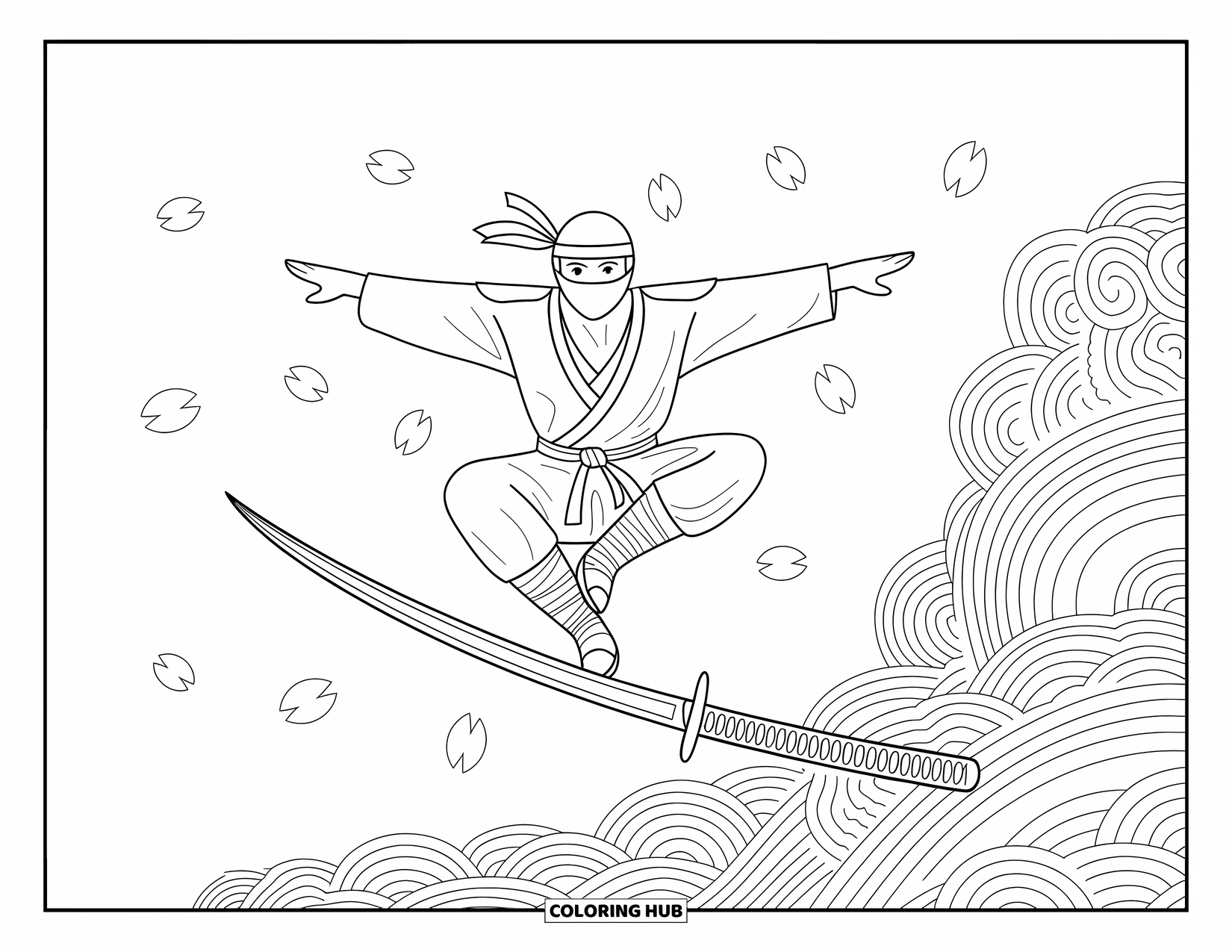 Ninja Coloring Page for Adults: A ninja, arms outstretched, steadies himself on a katana blade as petals float nearby