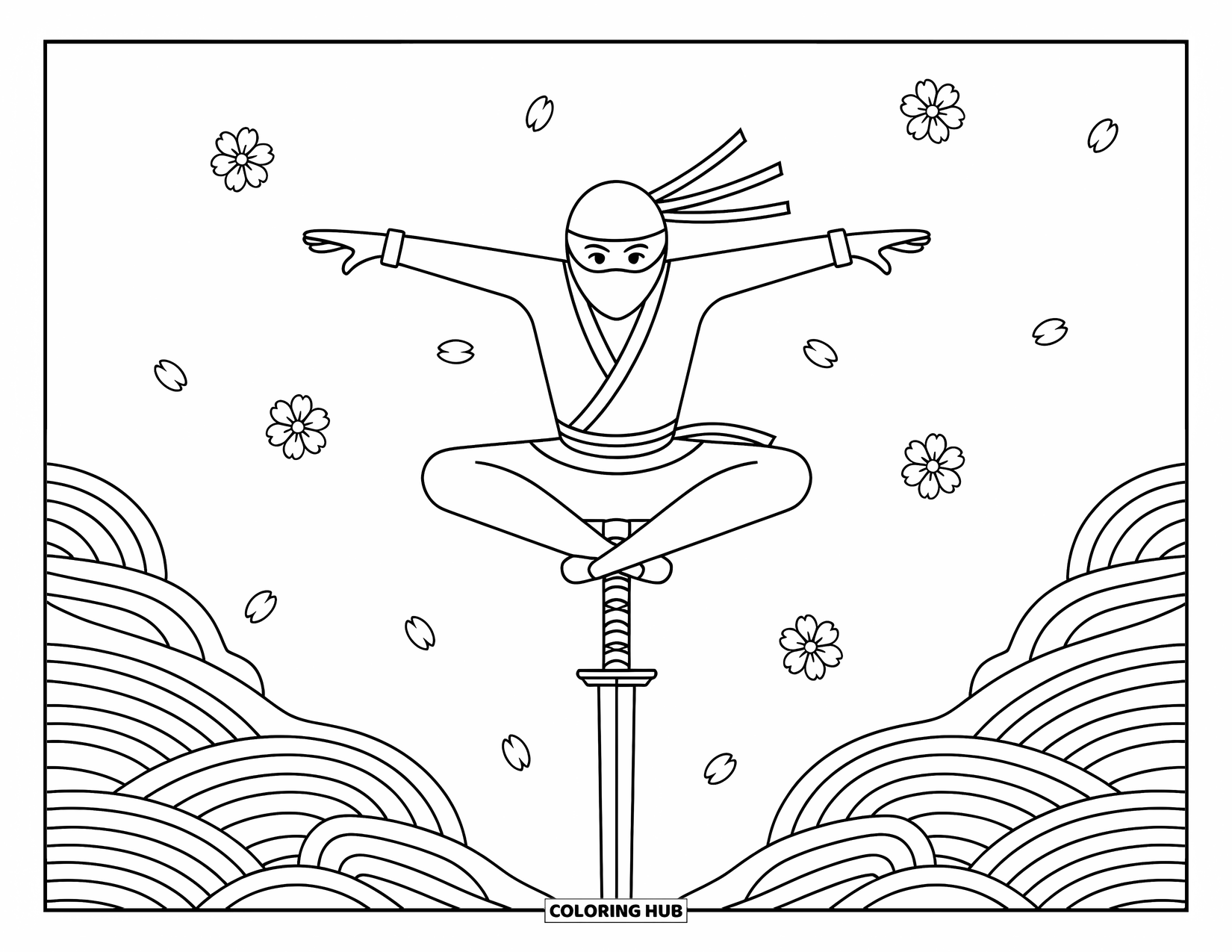 Ninja Coloring Page for Adults: A ninja balances on the tip of a katana blade, surrounded by floating cherry blossom petals