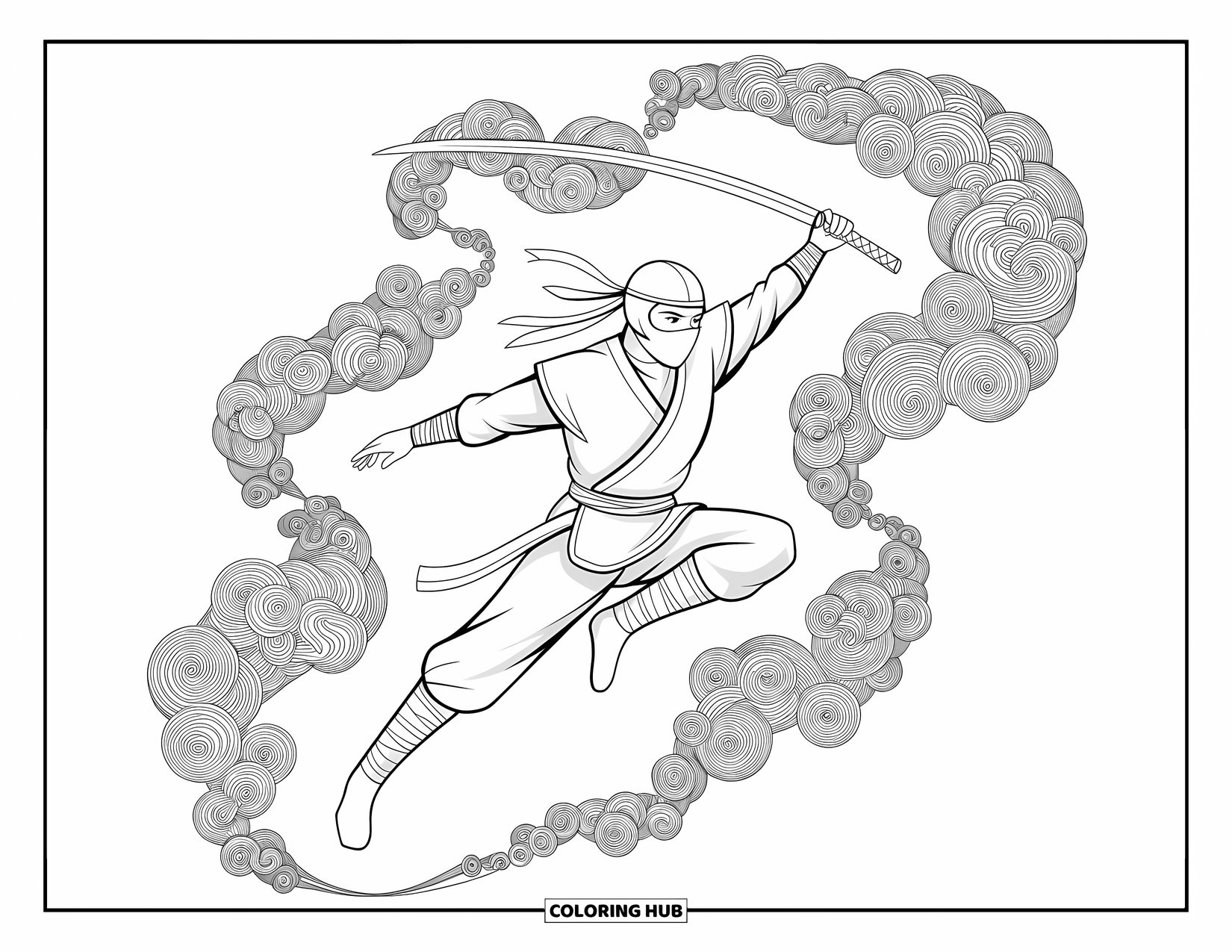 Ninja Coloring Page for Adults: A ninja balances skillfully on a katana tip, surrounded by drifting cherry blossom petals