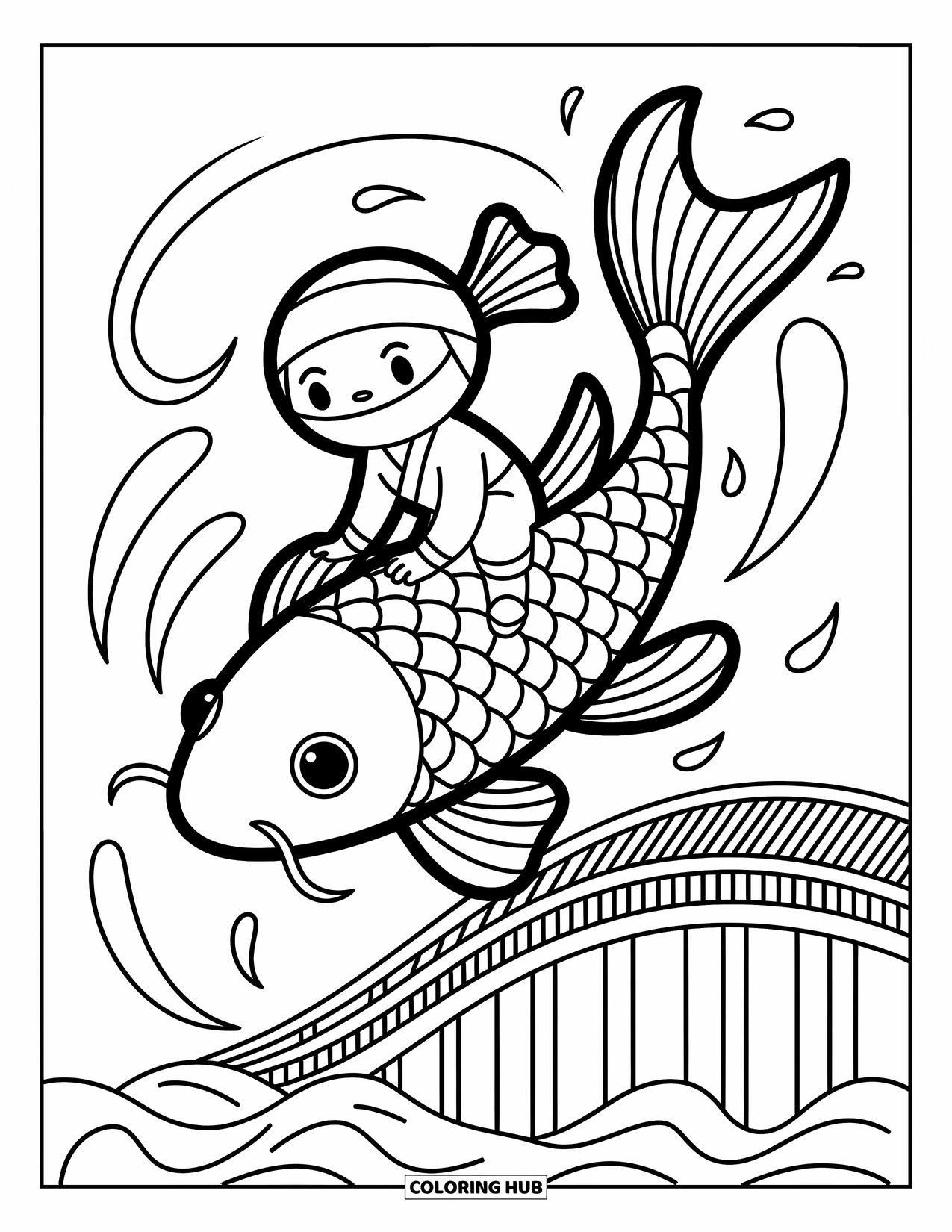Ninja Coloring Page for Adults: A ninja clings to a koi fish's fin, soaring above rippling waves