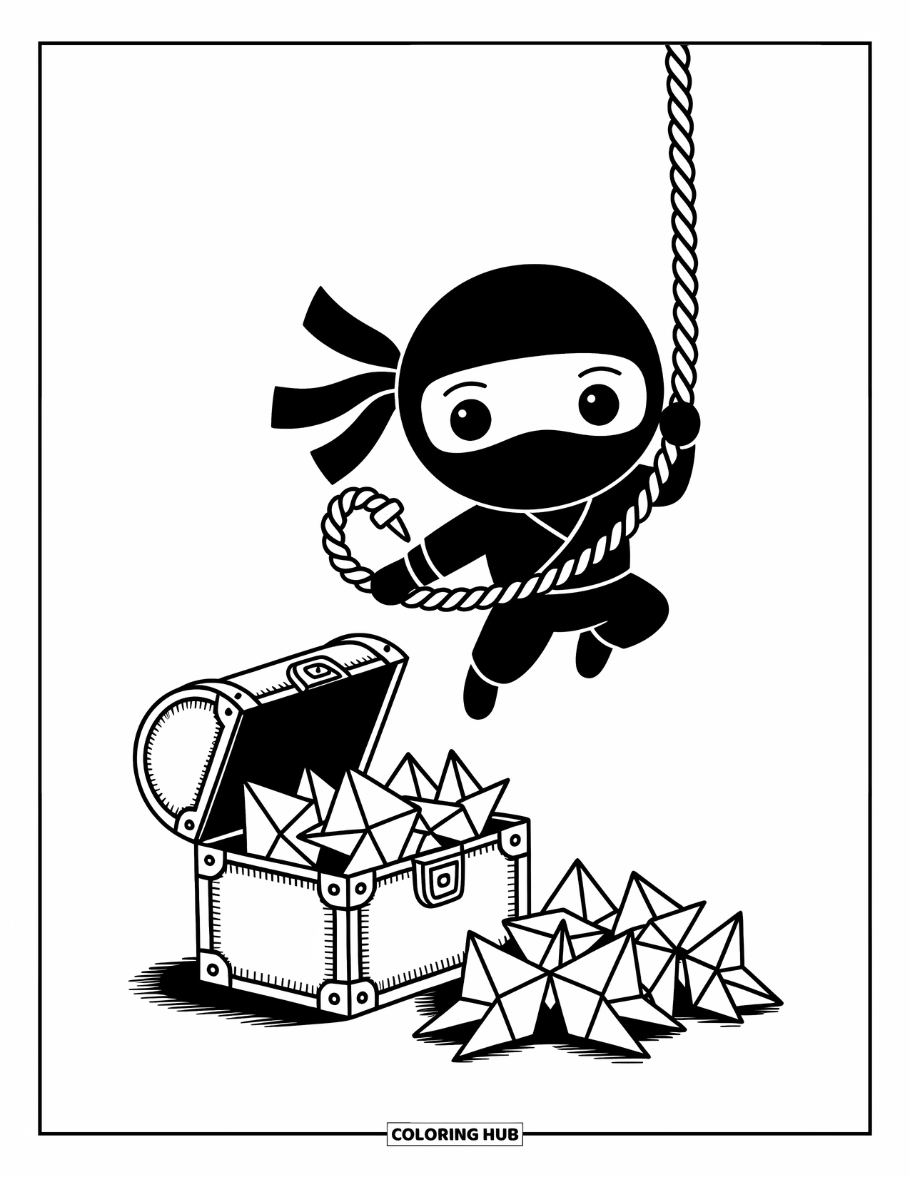 Ninja Coloring Page for Adults: A ninja dangles mid-air from a rope, while a chest spills out folded origami shurikens