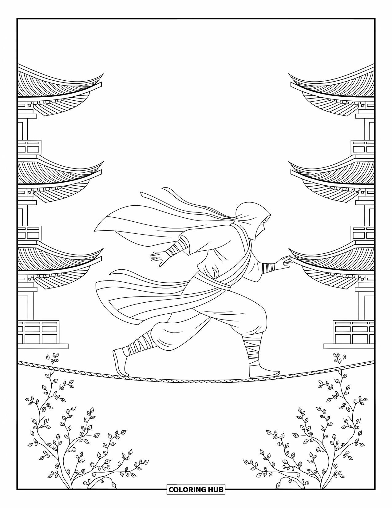 Ninja Coloring Page for Adults: A ninja dashes across a tightrope, wind whipping their cloak as pagodas rise around them