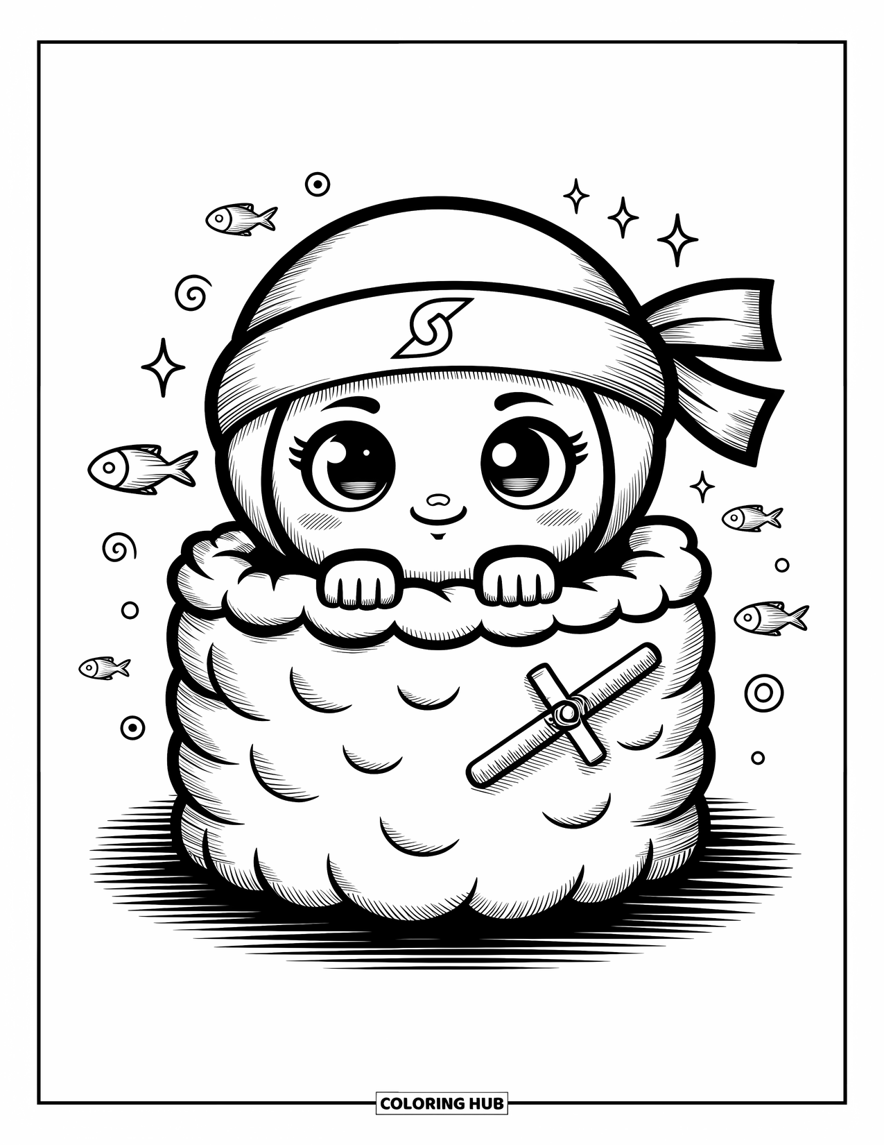 Ninja Coloring Page for Adults: A ninja gracefully balances on a lily pad while cheerful frogs jump around the peaceful pond