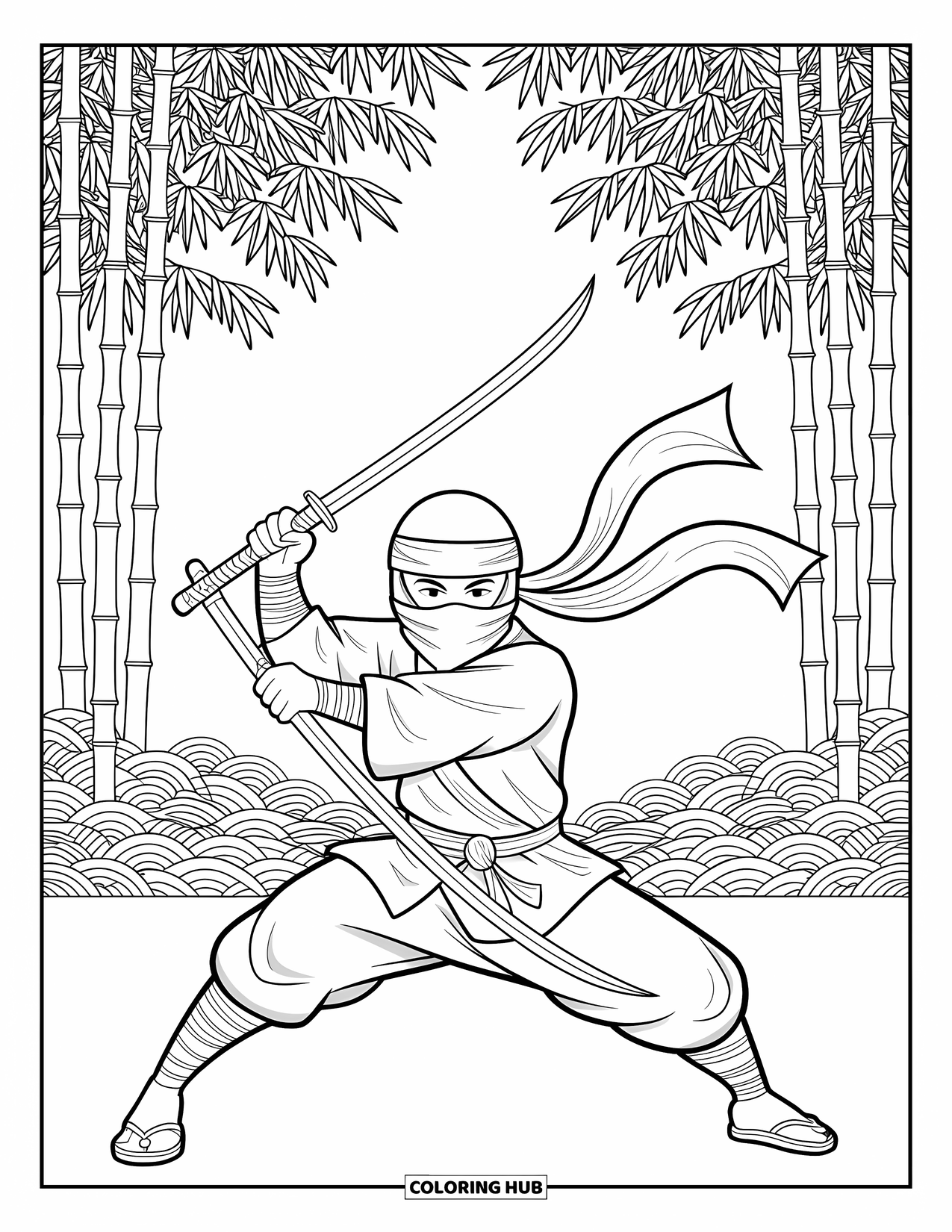 Ninja Coloring Page for Adults: A ninja grips twin sai daggers, poised for battle, their scarf billowing in the wind