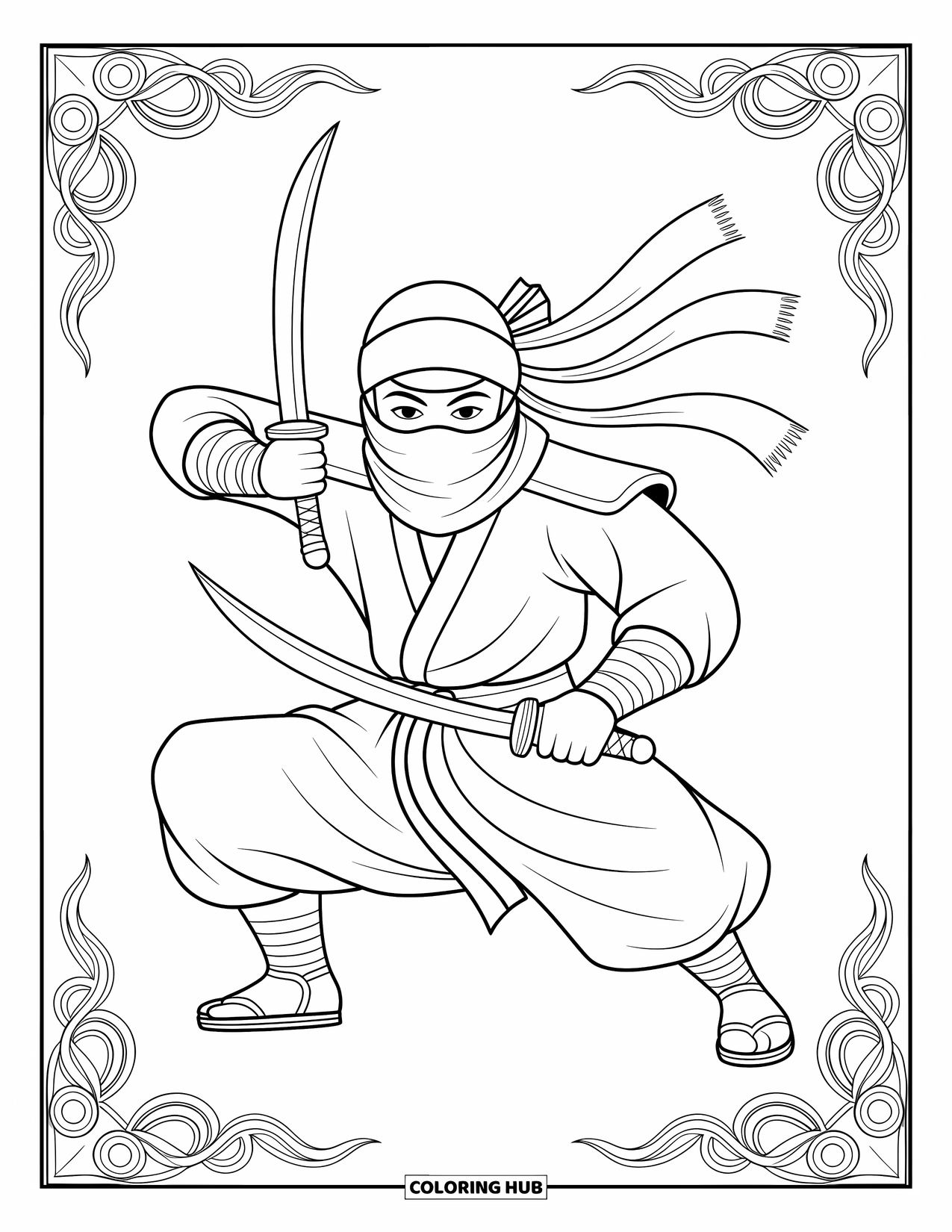 Ninja Coloring Page for Adults: A ninja in a fierce battle stance wields twin sai daggers, a flowing scarf covering their face