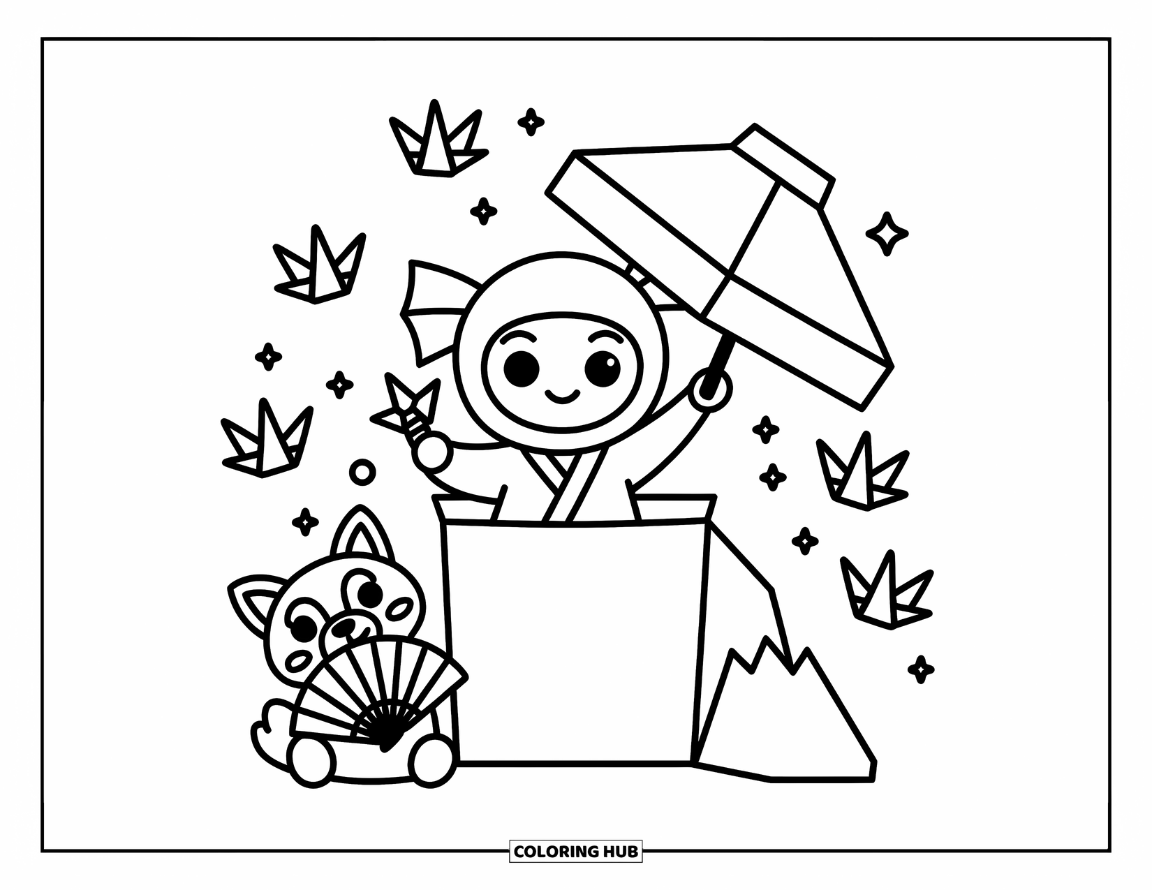 Ninja Coloring Page for Adults: A ninja jumps from an origami box, holding a tiny shuriken as a friendly tanuki watches