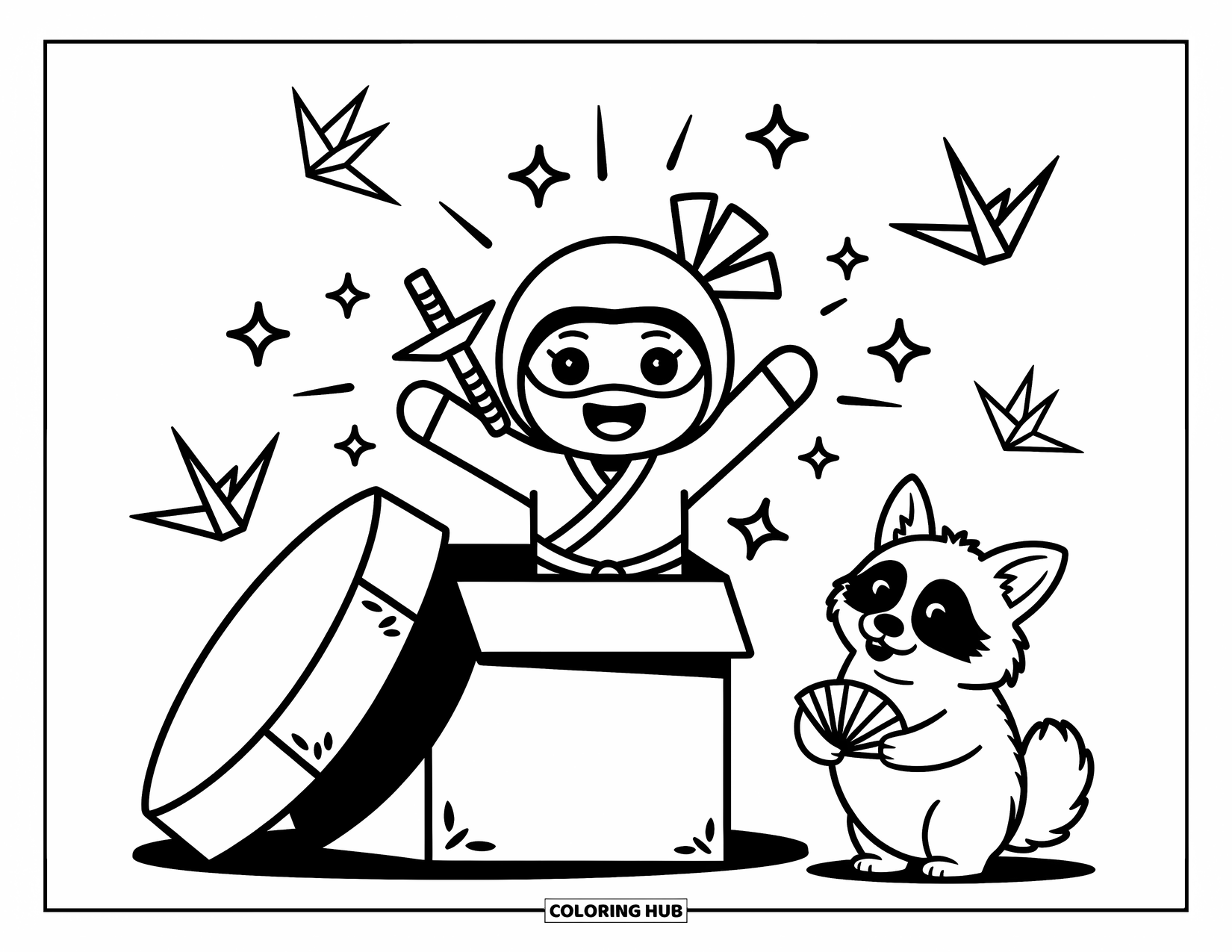 Ninja Coloring Page for Adults: A ninja playfully emerges from an origami box, surrounded by floating paper cranes and sparkles