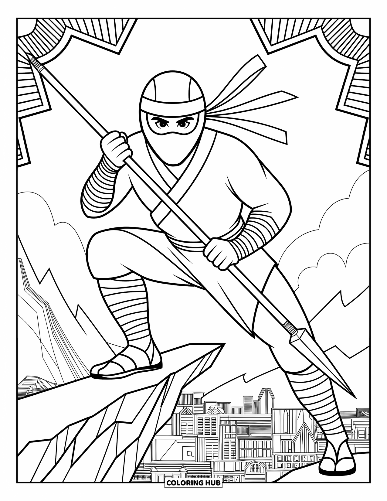 Ninja Coloring Page for Adults: A ninja stands firm on a mountain ledge, spear in hand, gazing over a sprawling cityscape