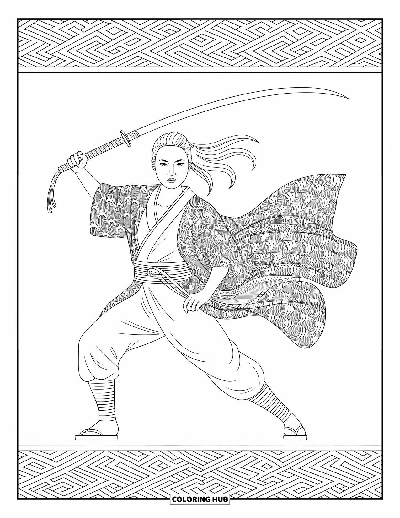 Ninja Coloring Page for Adults: A ninja, whip-blade in hand, moves with elegance, her intricately patterned kimono trailing