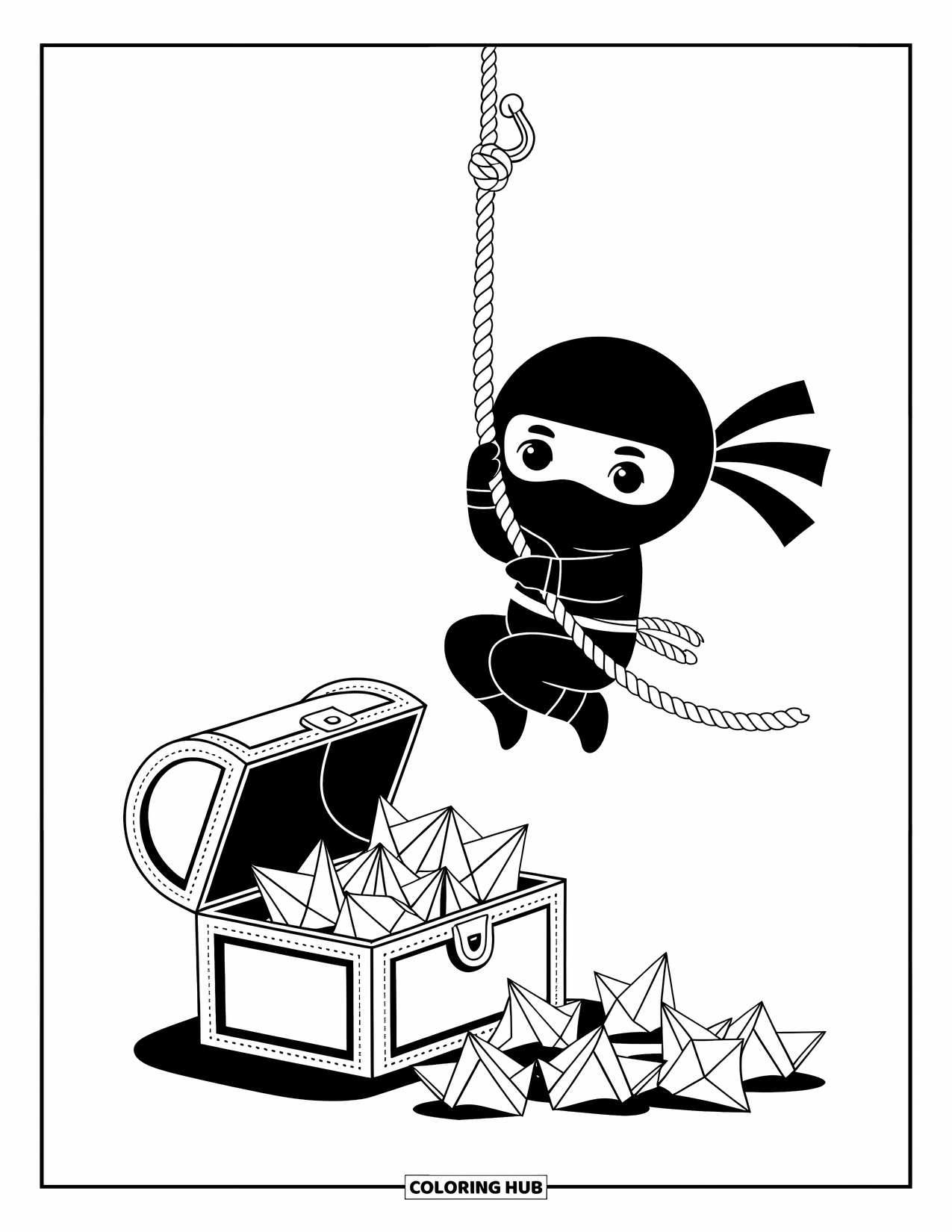 Ninja Coloring Page for Adults: A ninja with a grappling hook swings above a treasure chest filled with origami shurikens