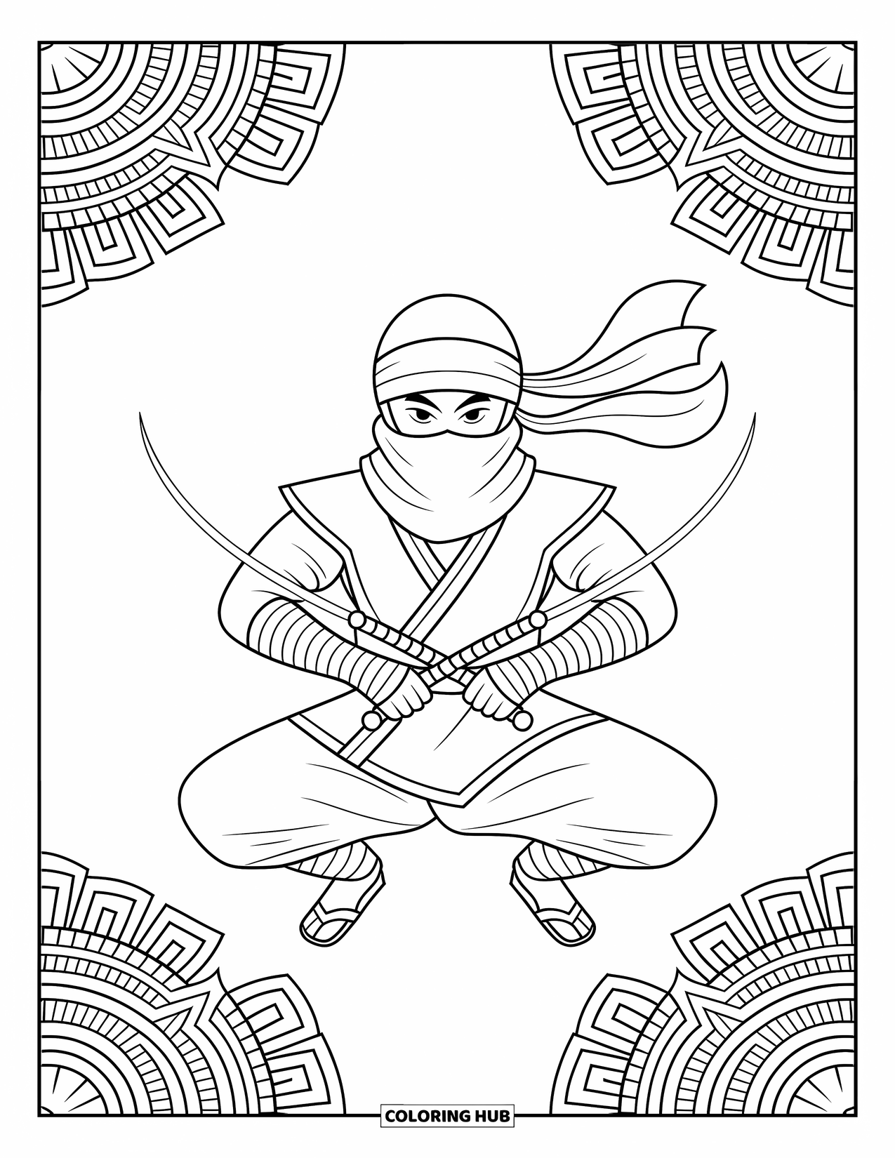 Ninja Coloring Page for Adults: A ninja, with twin sai daggers in hand, moves with precision, their scarf trailing behind