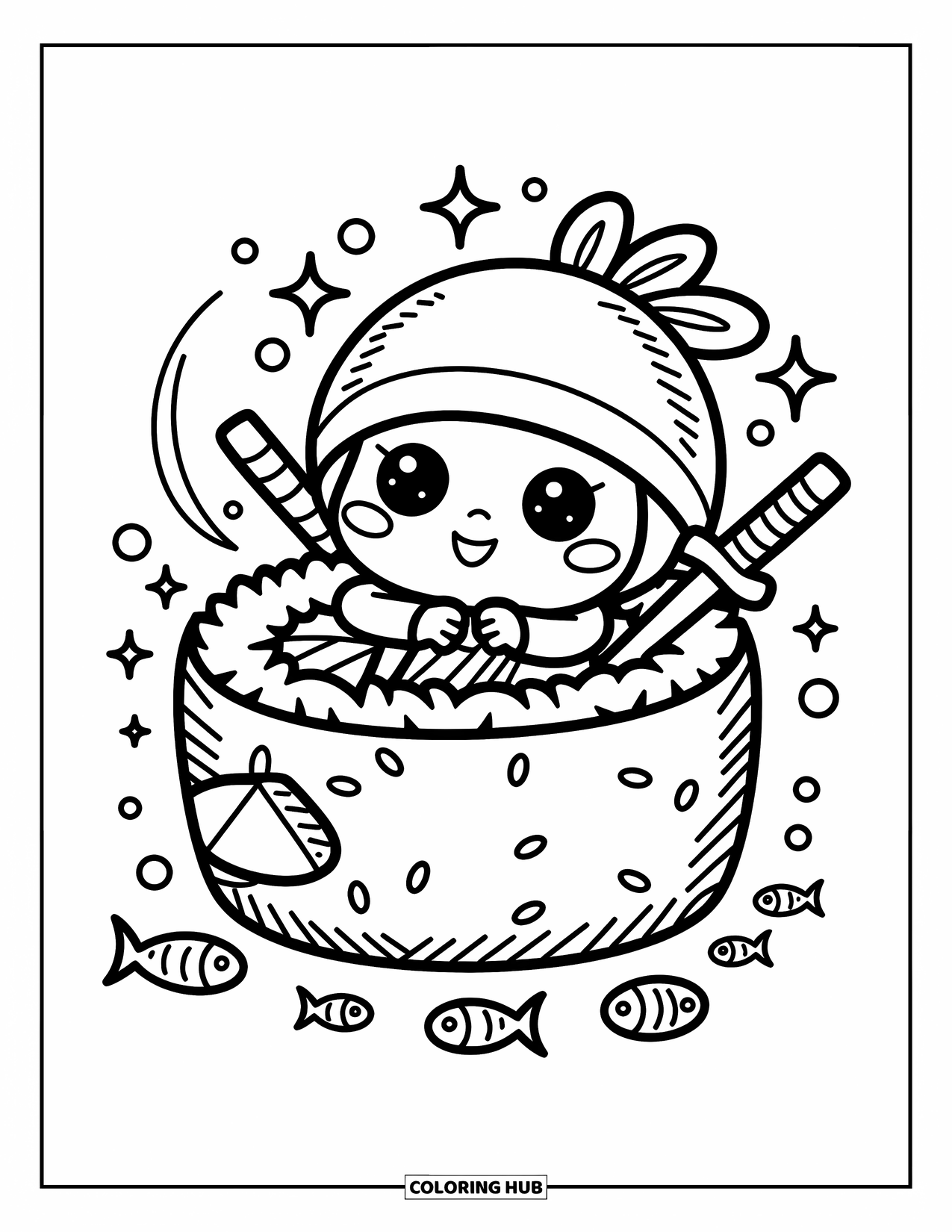 Ninja Coloring Page for Adults: A playful ninja hides behind a sushi roll, surrounded by fish, rice grains, and a tiny shuriken