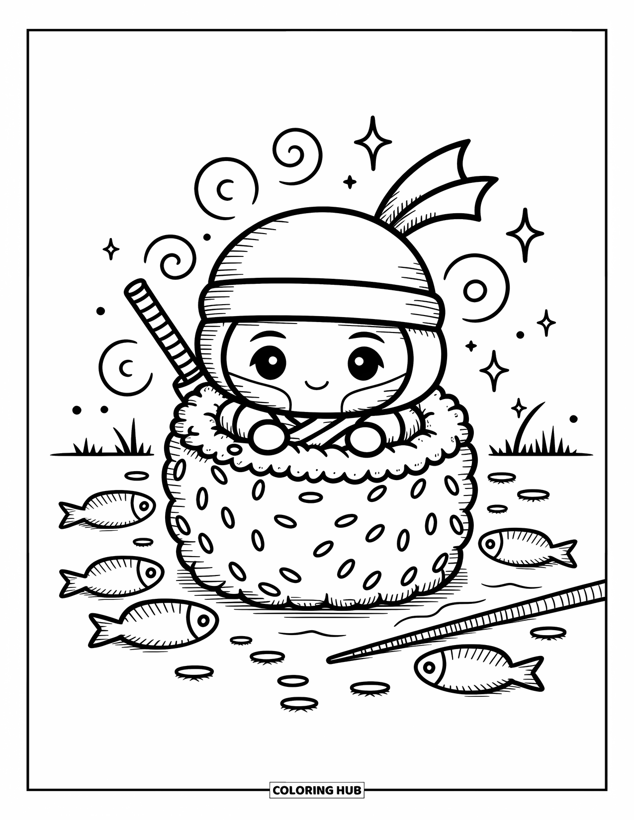 Ninja Coloring Page for Adults: A tiny ninja steadies themselves on a lily pad, adjusting their headband as frogs look on