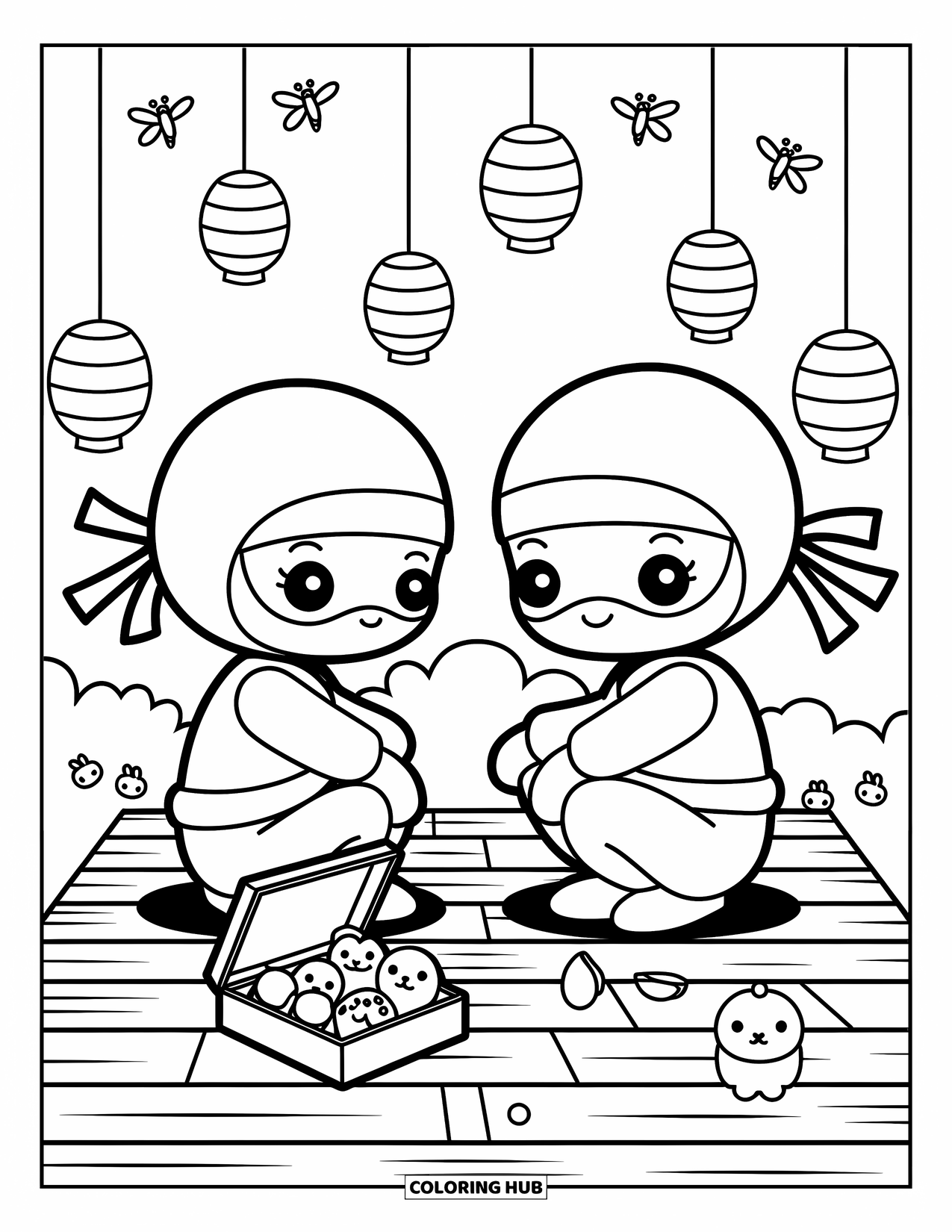 Ninja Coloring Page for Adults: Chibi ninjas sit on a rooftop, enjoying floating lanterns and a bento box of cute snacks