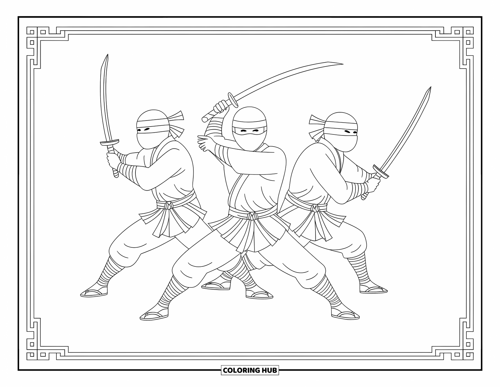 Ninja Coloring Page for Adults: Three ninjas, each with a unique weapon, move seamlessly together in perfect harmony