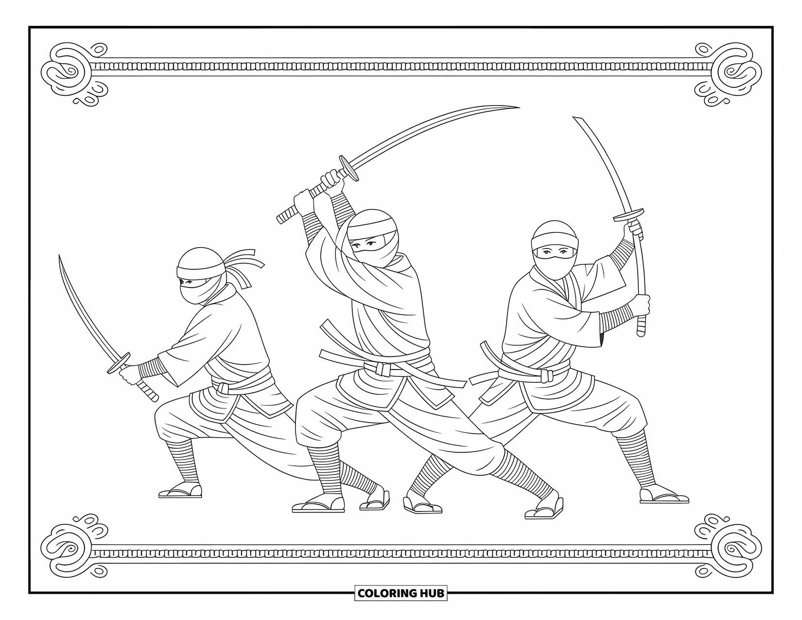 Ninja Coloring Page for Adults: Three ninjas move in unison, each wielding a katana, naginata, or kama with precision