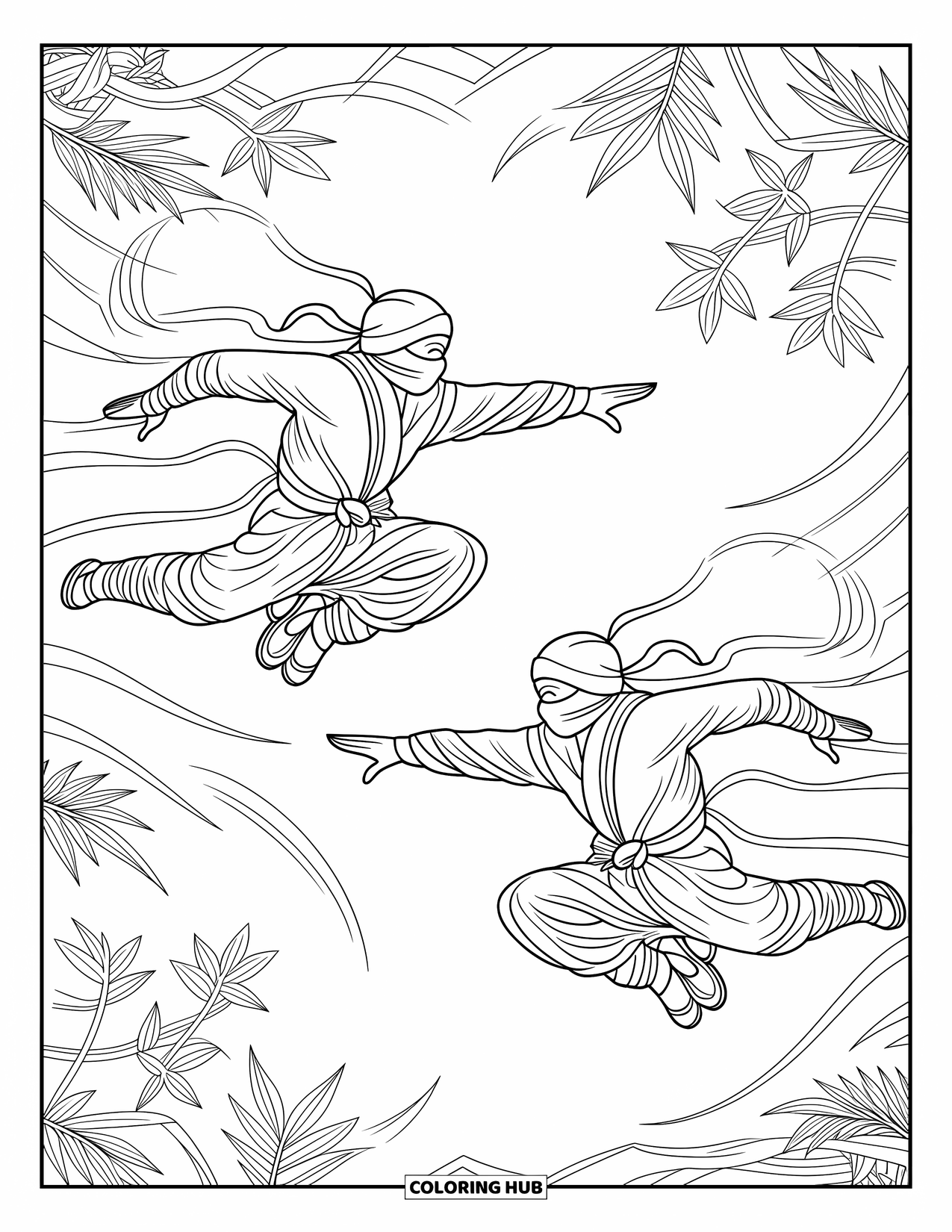 Ninja Coloring Page for Adults: Two ninjas move in perfect sync, leaping through a forest of tall, swaying bamboo