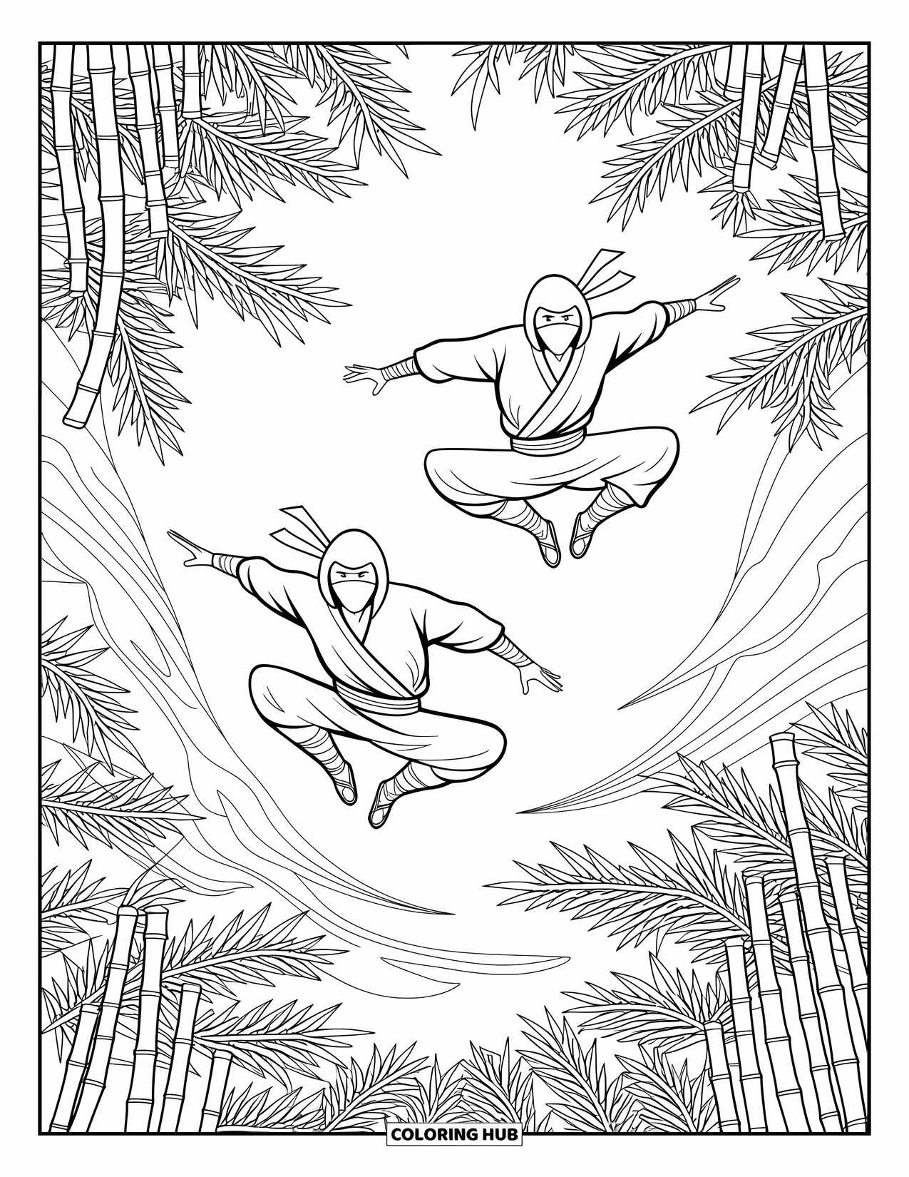 Ninja Coloring Page for Adults: Two ninjas navigate a bamboo forest, their swift movements blending with the flowing wind