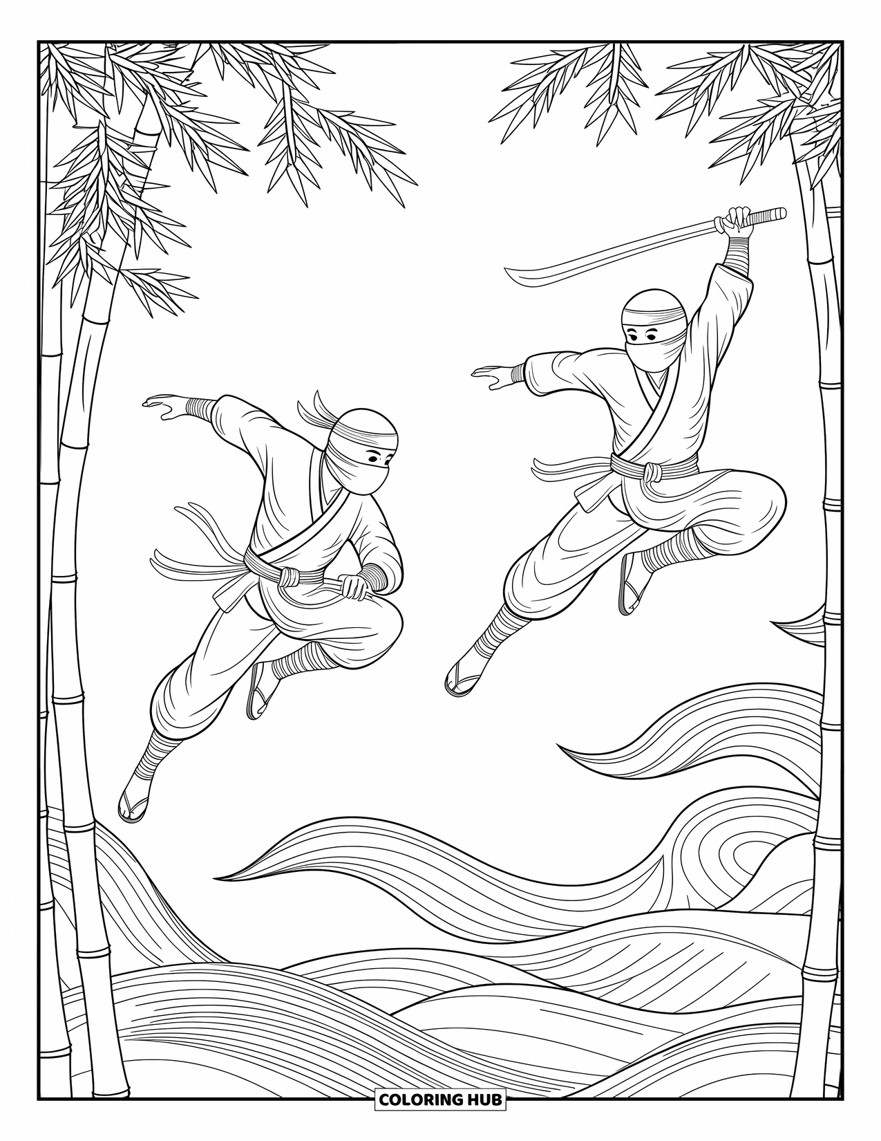 Ninja Coloring Page for Adults: Two ninjas soar through a bamboo forest, their movements flowing with the wind around them