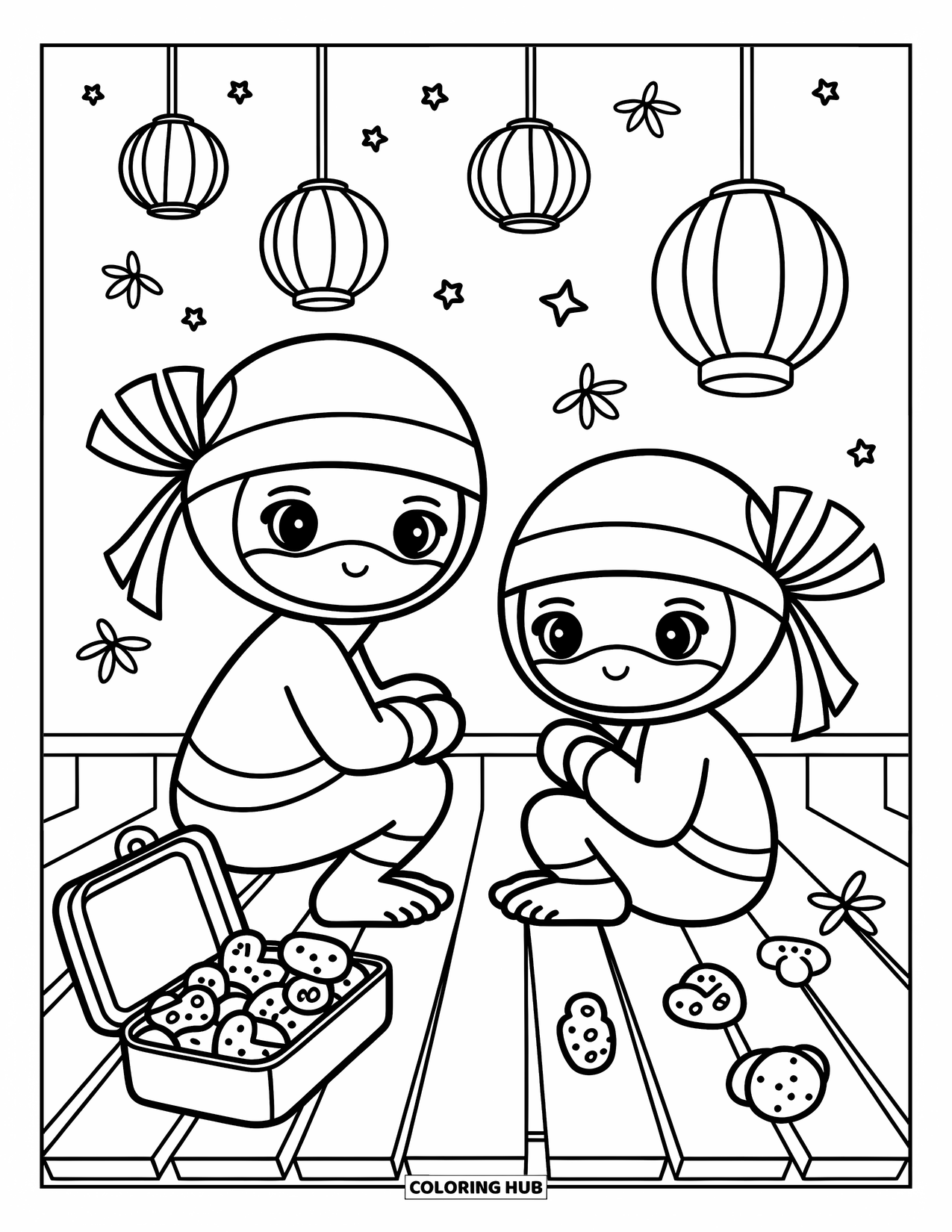 Ninja Coloring Page for Adults: Two tiny ninjas relax on a rooftop, admiring lanterns drifting into the night sky