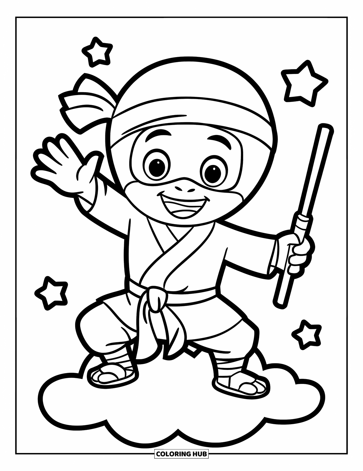 Ninja Coloring Page for Kids: A cheerful ninja waves from a cloud, with twinkling stars in the background