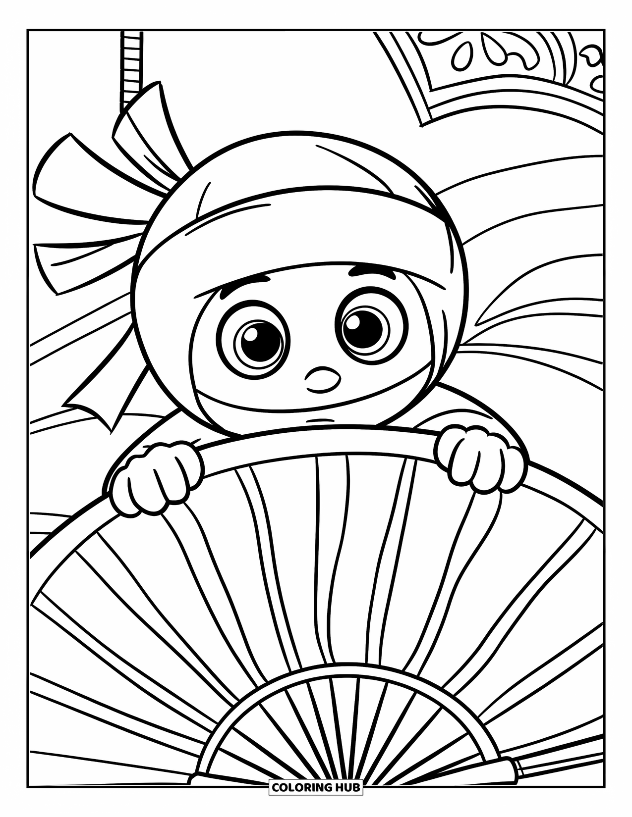Ninja Coloring Page for Kids: A cute ninja peeks from behind a large paper fan, eyes wide with curiosity