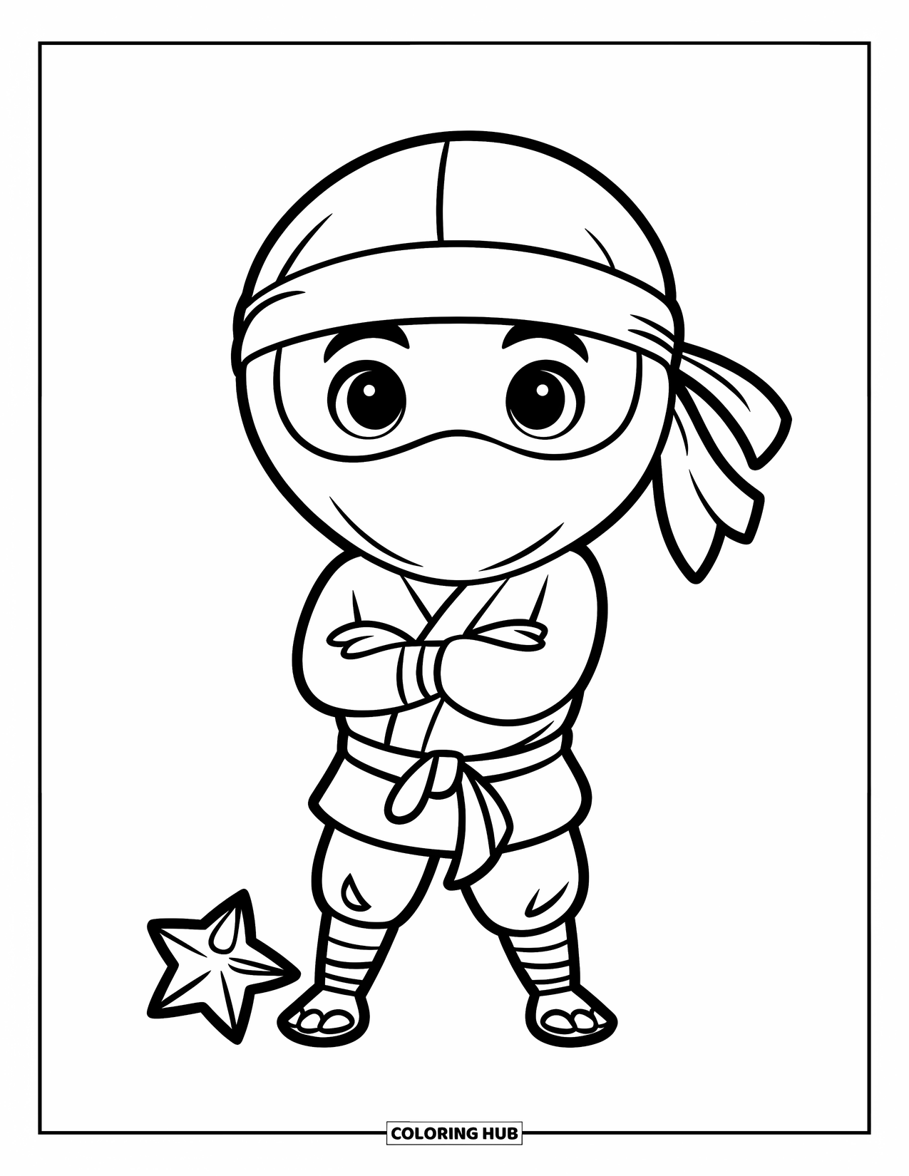 Ninja Coloring Page for Kids: A cute ninja stands with arms crossed, a small throwing star resting beside them
