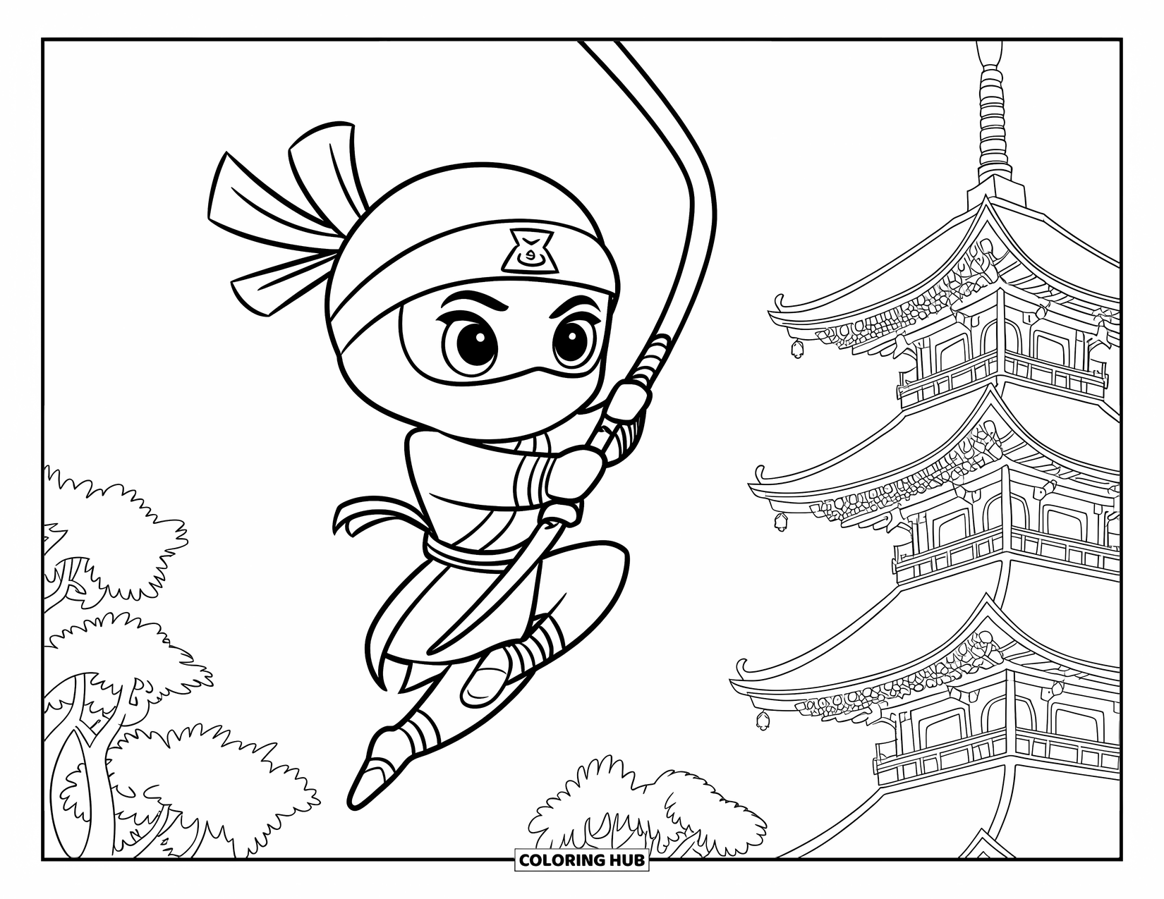 Ninja Coloring Page for Kids: A cute ninja swings from a grappling hook, soaring past tall pagoda towers and trees