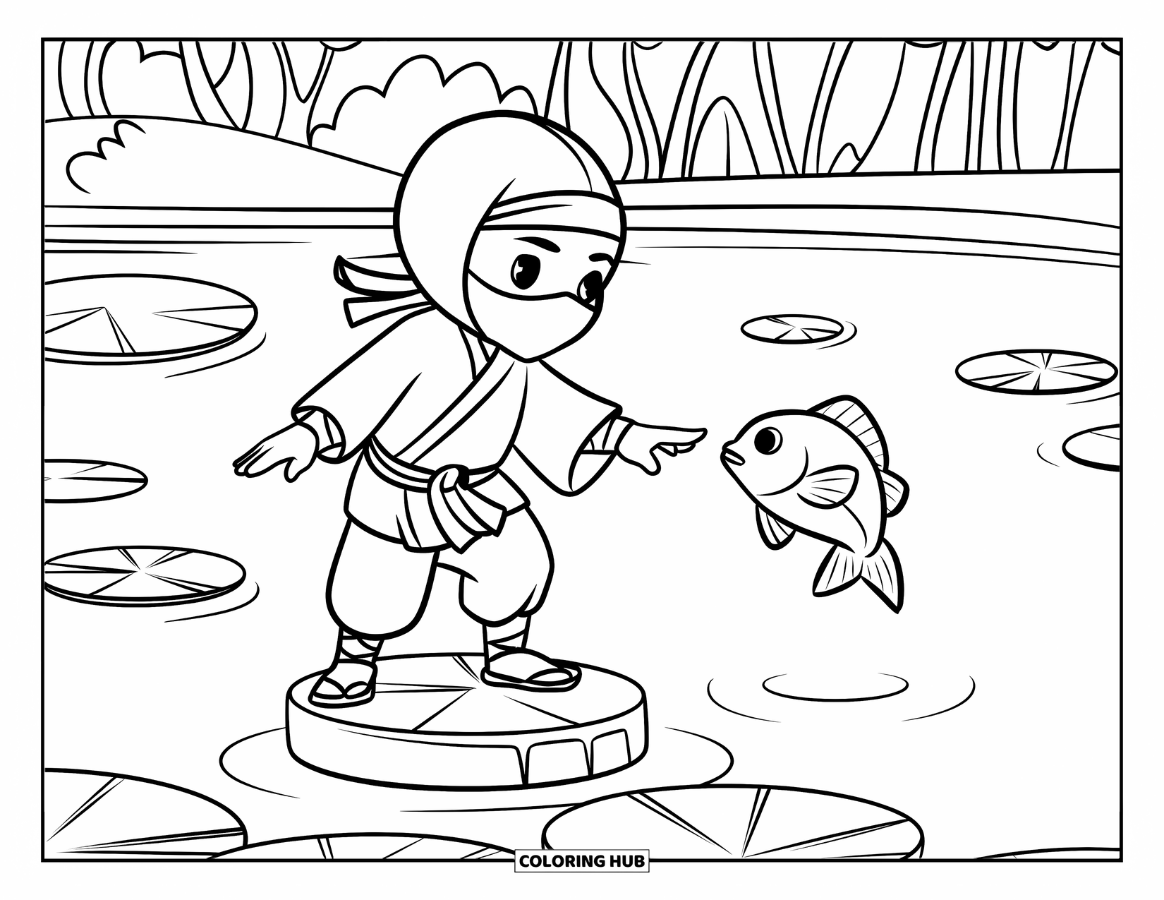 Ninja Coloring Page for Kids: A masked ninja balances on a stone, reaching for a fish, surrounded by lily pads and trees