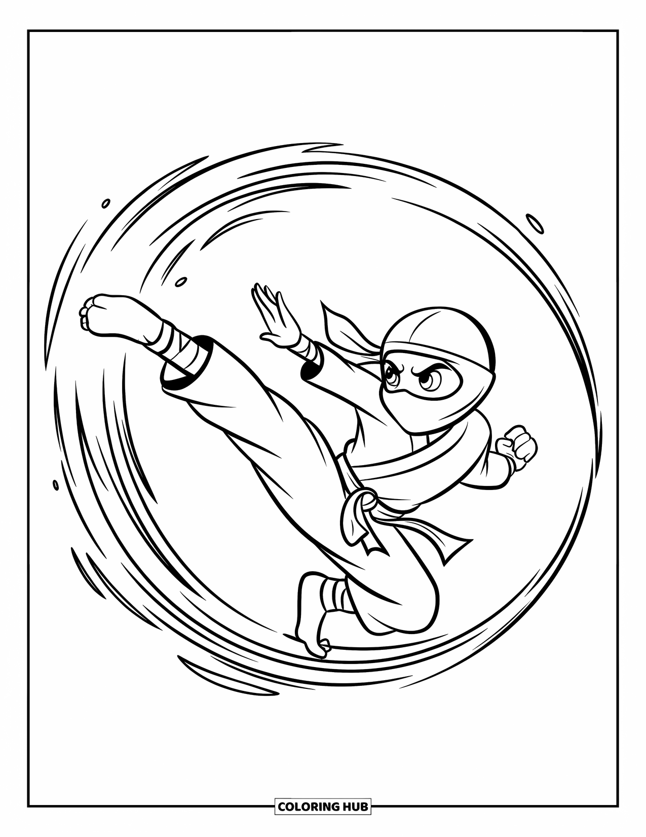 Ninja Coloring Page for Kids: A masked ninja executes a spinning kick, their swift movement captured in a motion trail