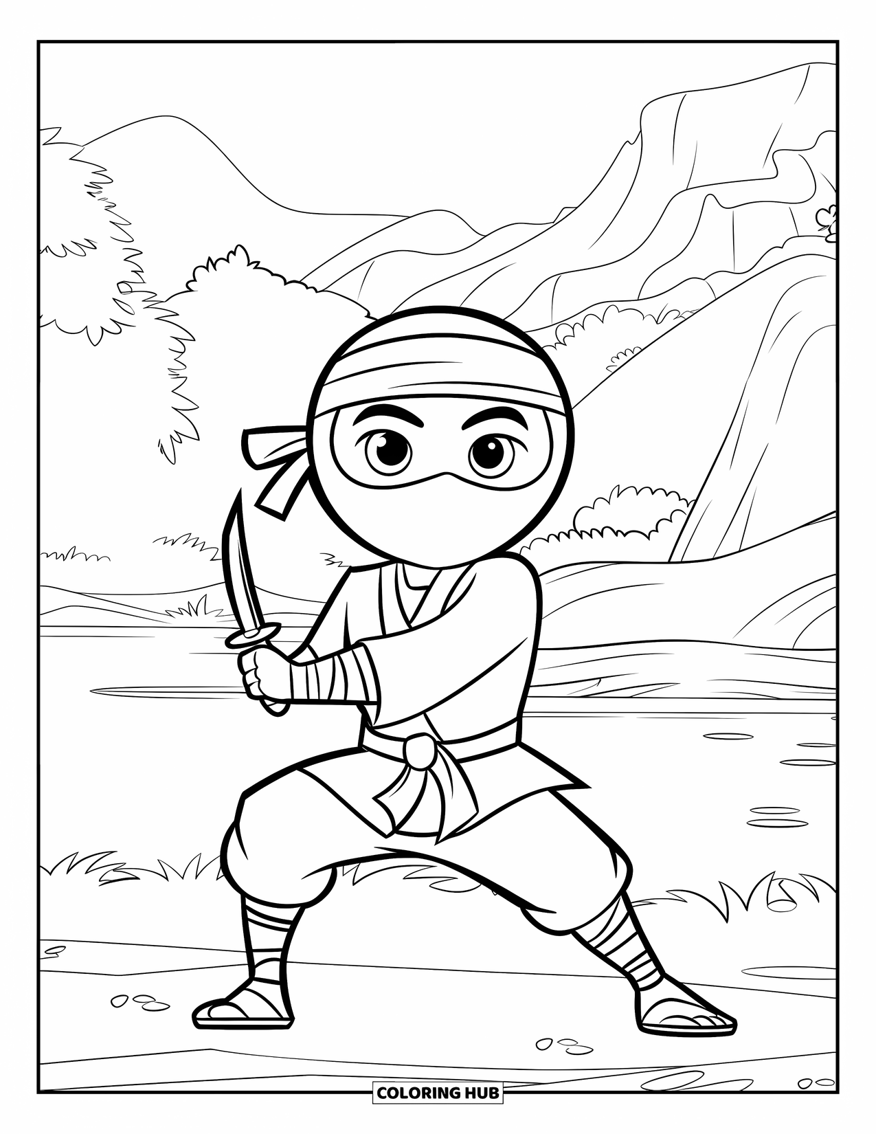 Ninja Coloring Page for Kids: A masked ninja in a combat stance holds a dagger, set against a serene mountain landscape