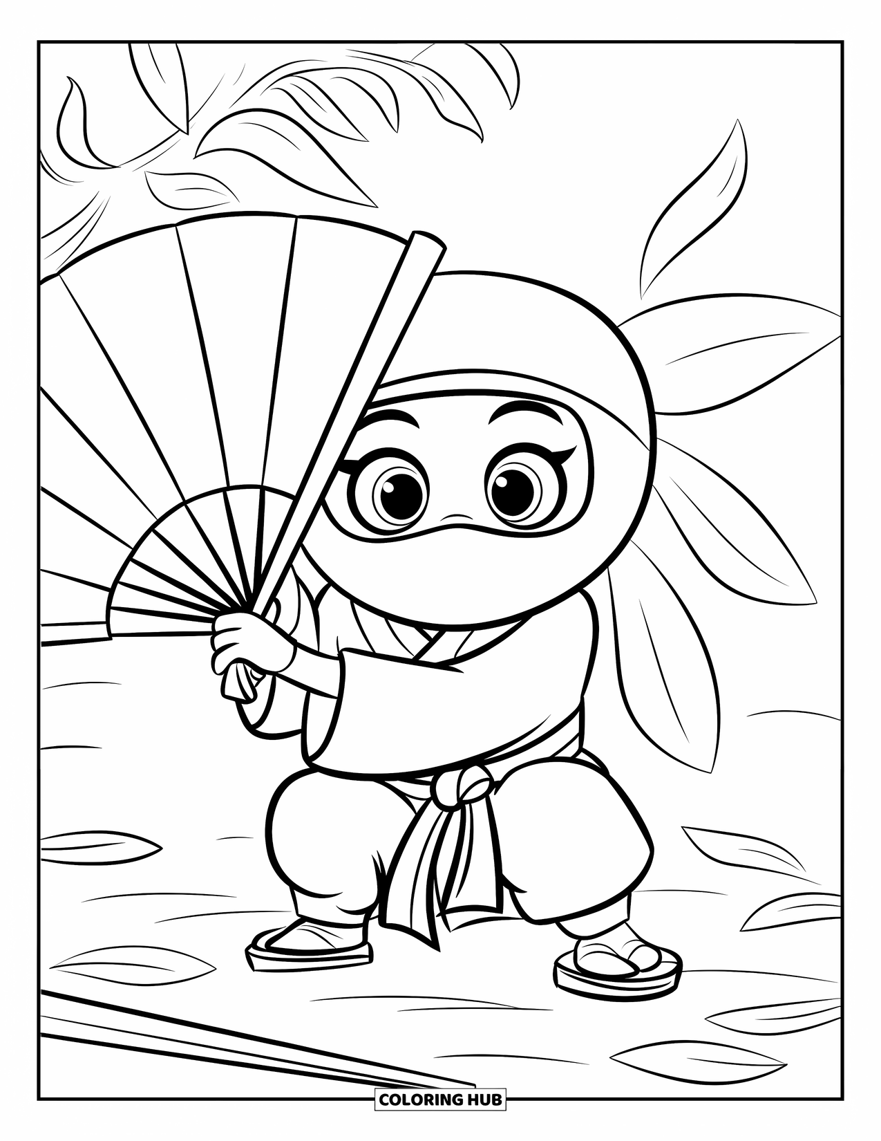 Ninja Coloring Page for Kids: A masked ninja peeks from behind a fan, with a few leaves scattered on the floor