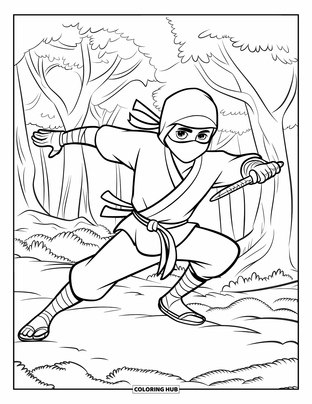Ninja Coloring Page for Kids: A masked ninja runs through a forest, holding a kunai, with scattered tree branches around