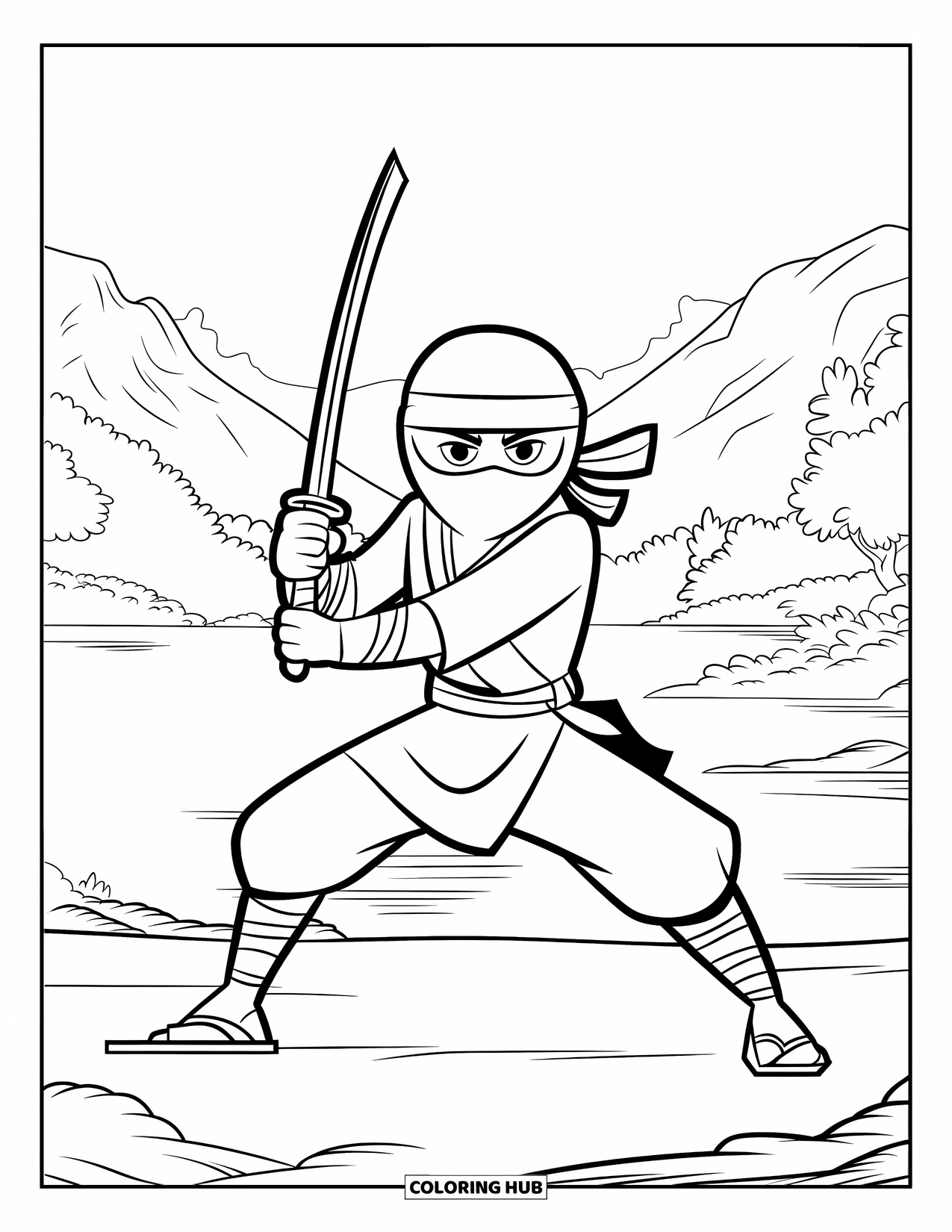 Ninja Coloring Page for Kids: A masked ninja stands firmly with a katana, surrounded by mountains and a body of water
