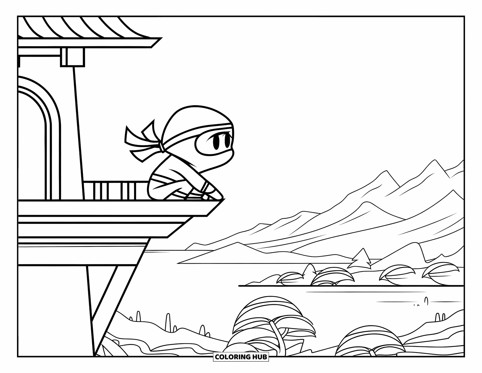 Ninja Coloring Page for Kids: A masked ninja watches from a wooden watchtower, overlooking a peaceful landscape