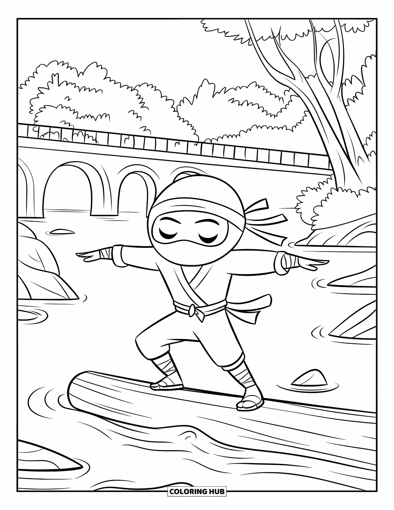 Ninja Coloring Page for Kids: A ninja balances on a log in a river, with rocks, trees, and an arched bridge behind them