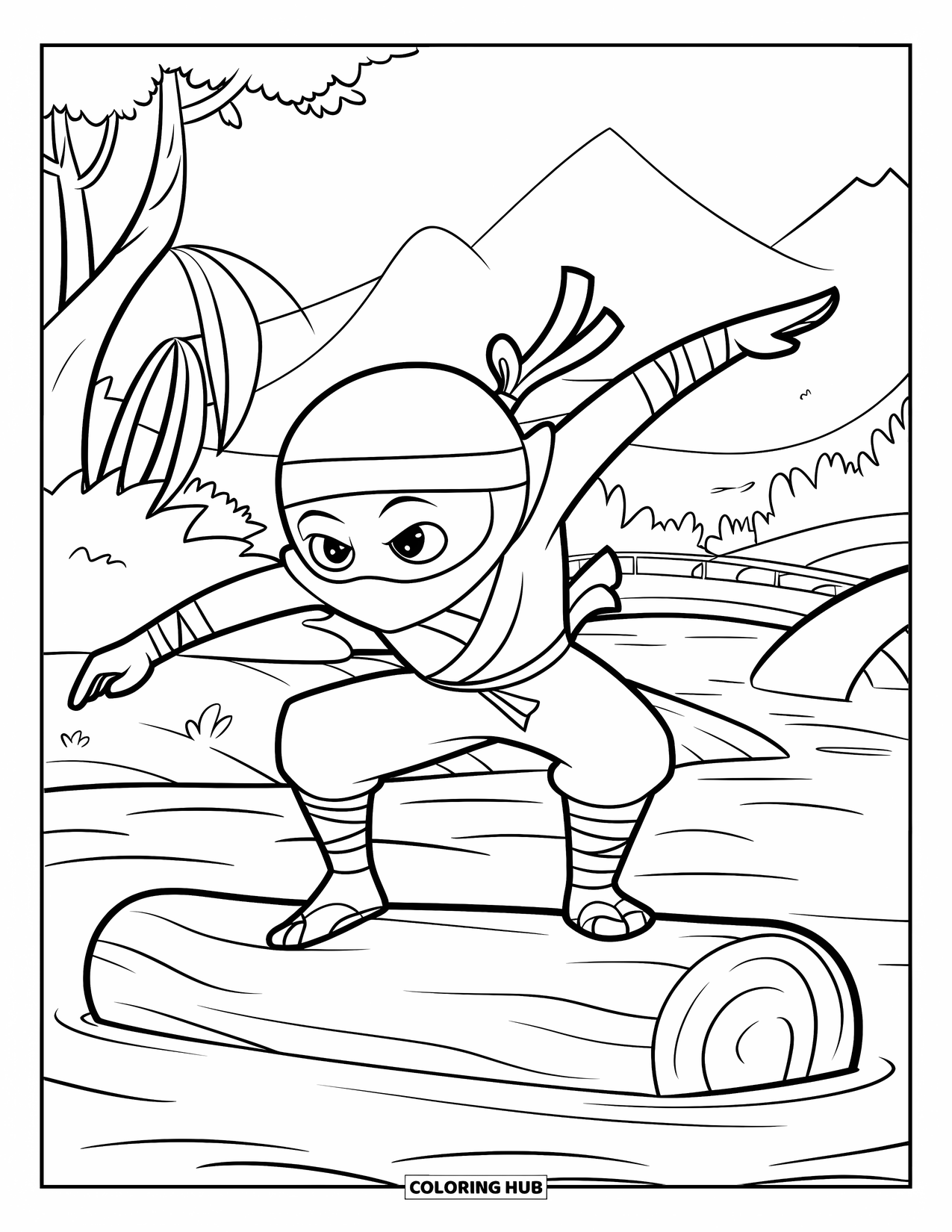 Ninja Coloring Page for Kids: A ninja carefully balances on a log in a river, surrounded by mountains and trees