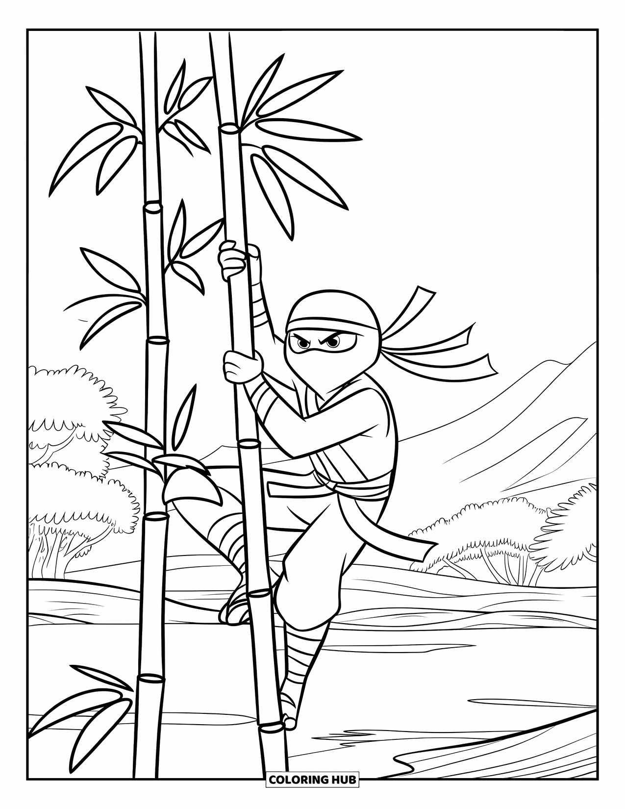 Ninja Coloring Page for Kids: A ninja climbs a tall bamboo stalk, gripping it firmly with both hands and feet