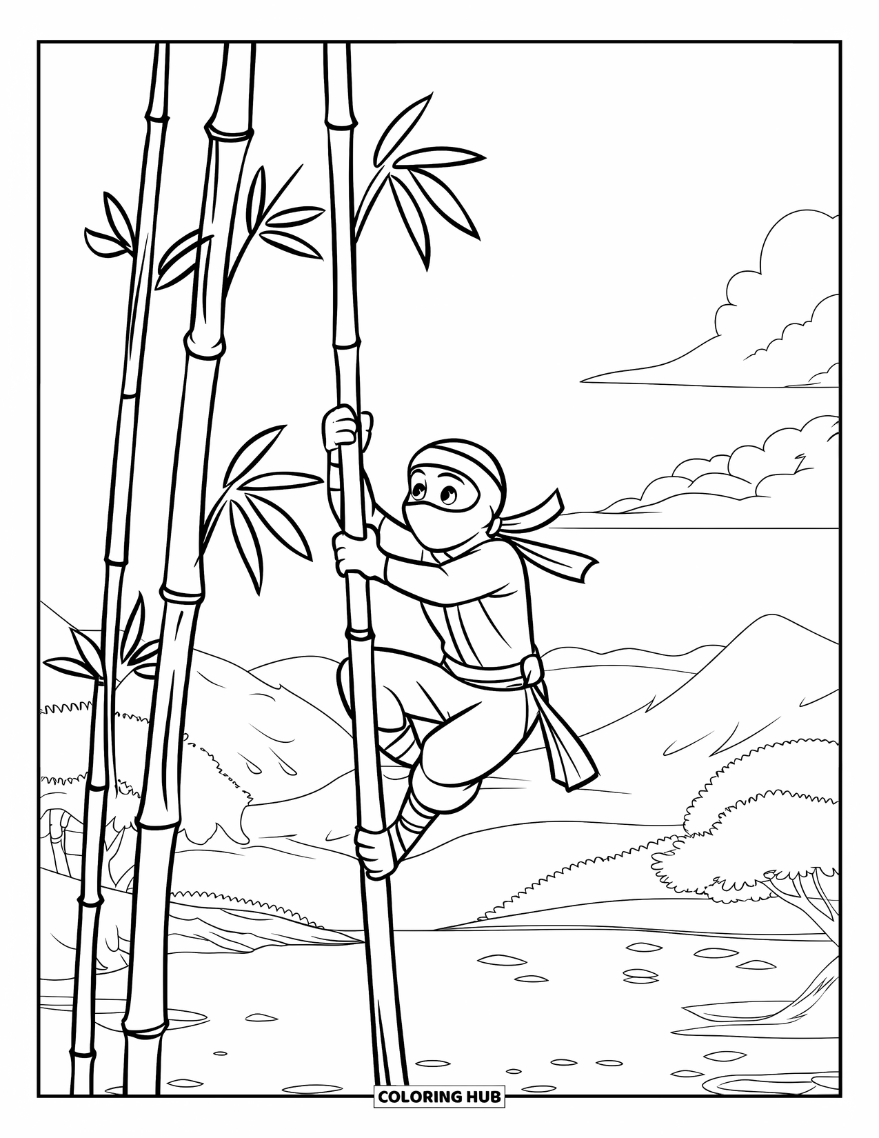 Ninja Coloring Page for Kids: A ninja climbs bamboo, high above a serene landscape, with soft clouds drifting overhead