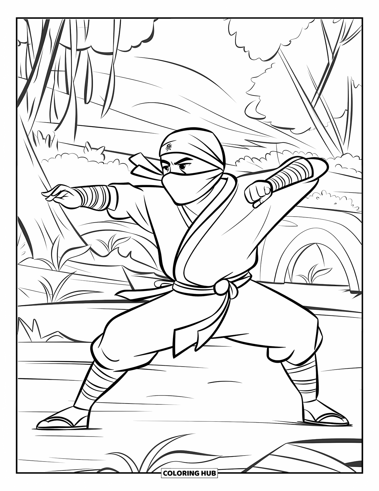Ninja Coloring Page for Kids: A ninja fights skillfully, blocking an attack while countering in a serene, nature-filled setting