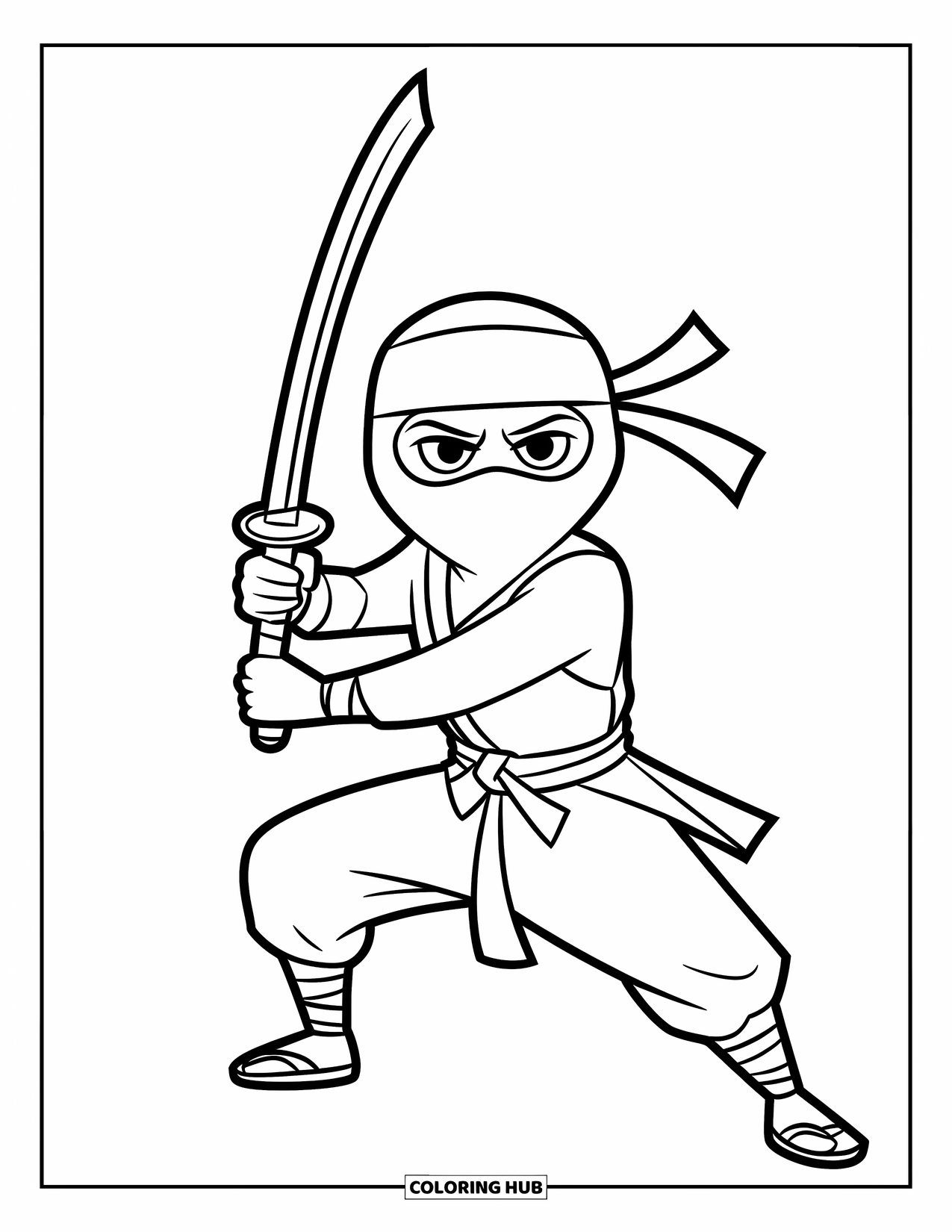 Ninja Coloring Page for Kids: A ninja grips a katana, ready for battle, with a serene landscape in the background