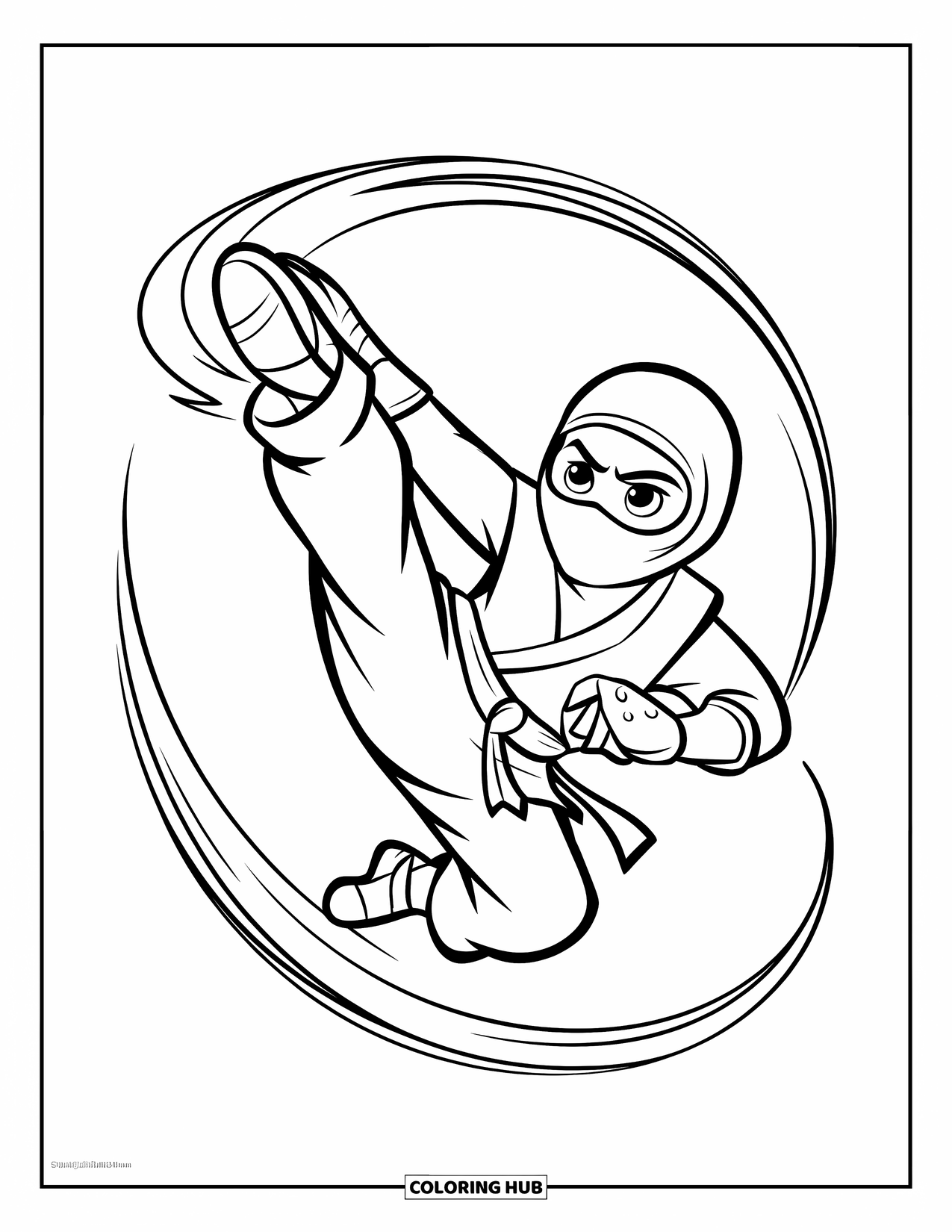 Ninja Coloring Page for Kids: A ninja in a black outfit delivers a spinning kick, with a curved motion trail following