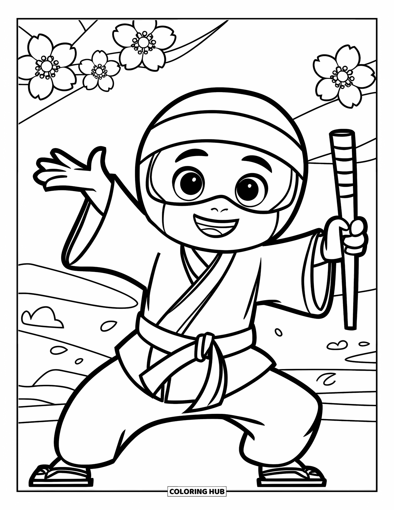 Ninja Coloring Page for Kids: A ninja in a robe waves happily, with cherry blossoms gently falling around them